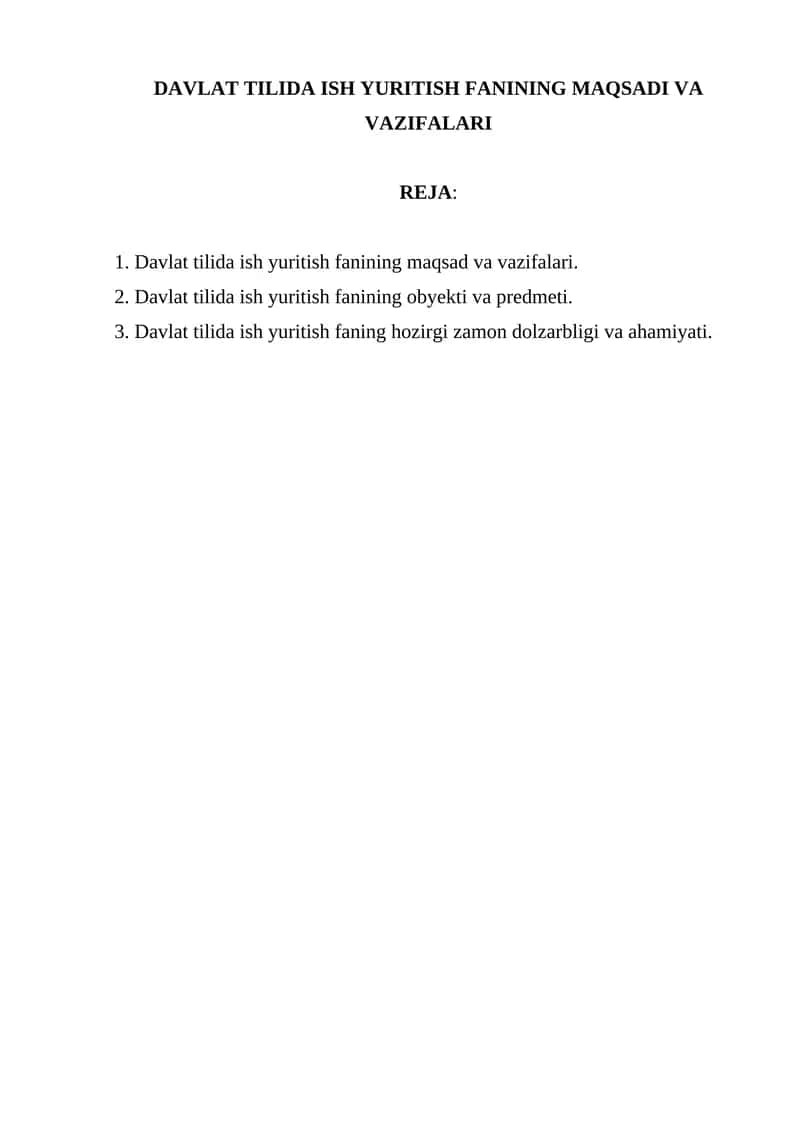 Davlat Tilida Ish Yuritish Fanining Maqsadi va Vazifalari 1