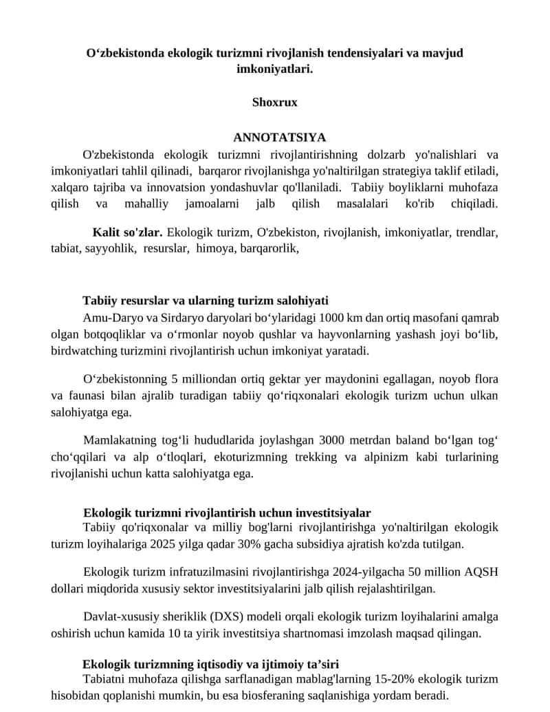 Ekologik turizmni rivojlanish tendensiyalari va mavjud imkoniyatlari 1