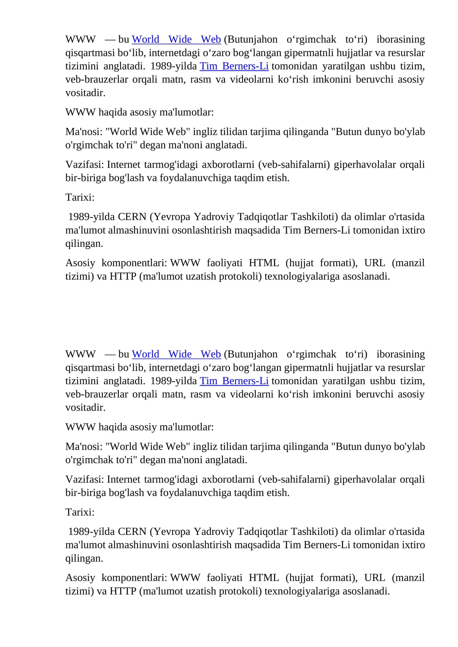 WWW —Butunjahon oʻrgimchak toʻri 1