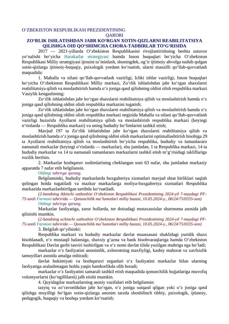 ZO‘RLIK ISHLATISHDAN JABR KO‘RGAN XOTIN-QIZLARNI REABILITATSIYA QILISHGA OID QO‘SHIMCHA CHORA-TADBIRLAR TO‘G‘RISIDA 1