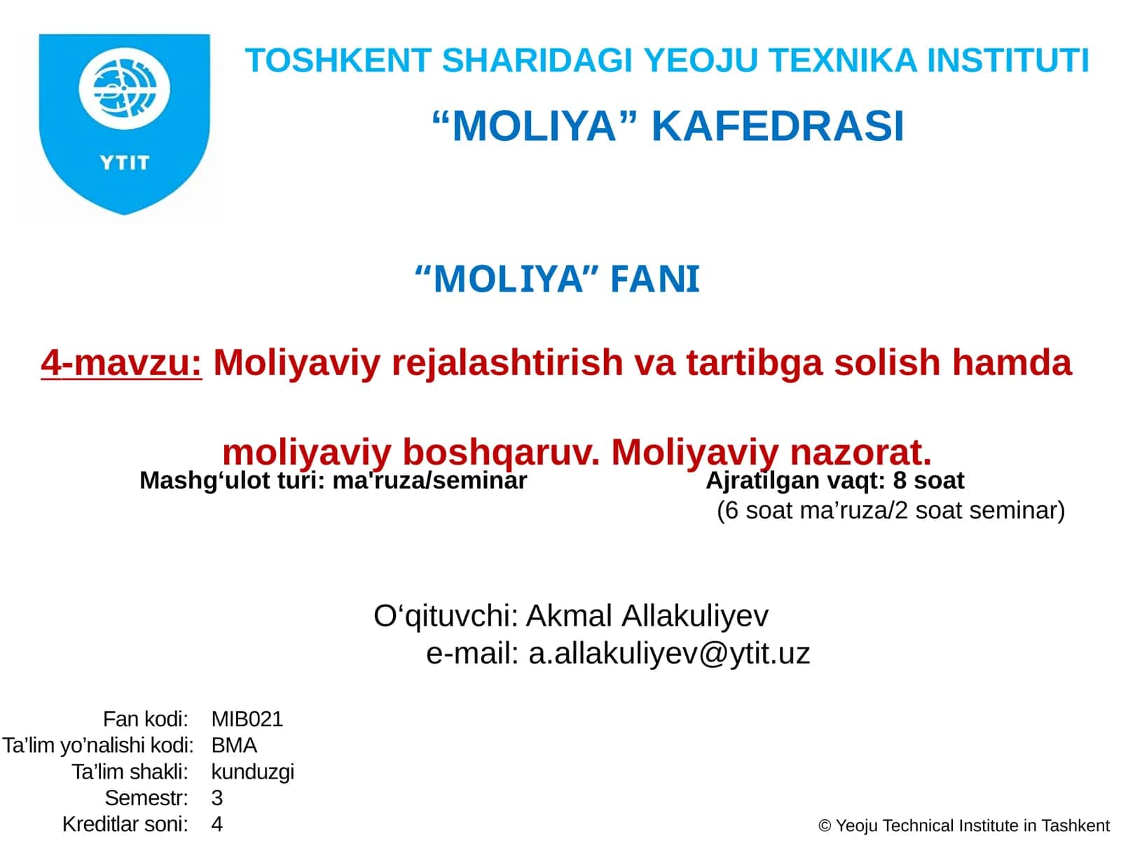 Moliya fanining rejasi 1