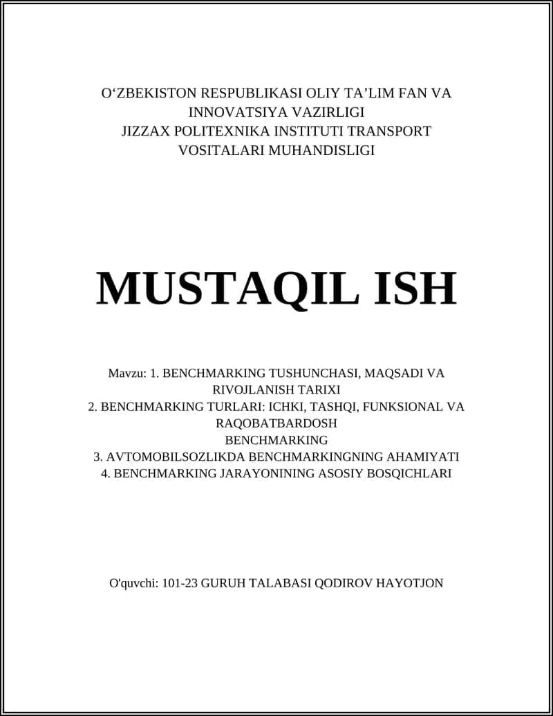 BENCHMARKING TUSHUNCHASI, MAQSADI VA RIVOJLANISH TARIXI 1