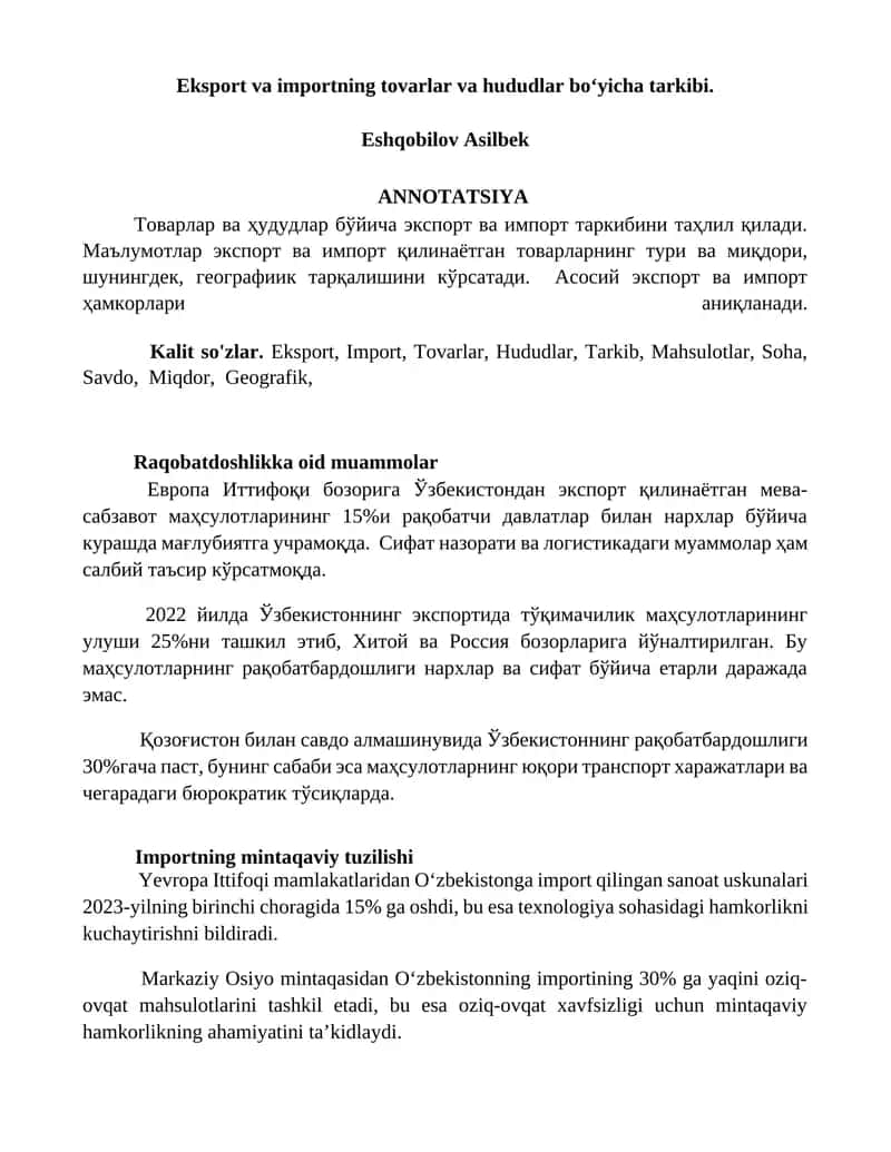 Eksport va importning tovarlar va hududlar bo‘yicha tarkibi 1
