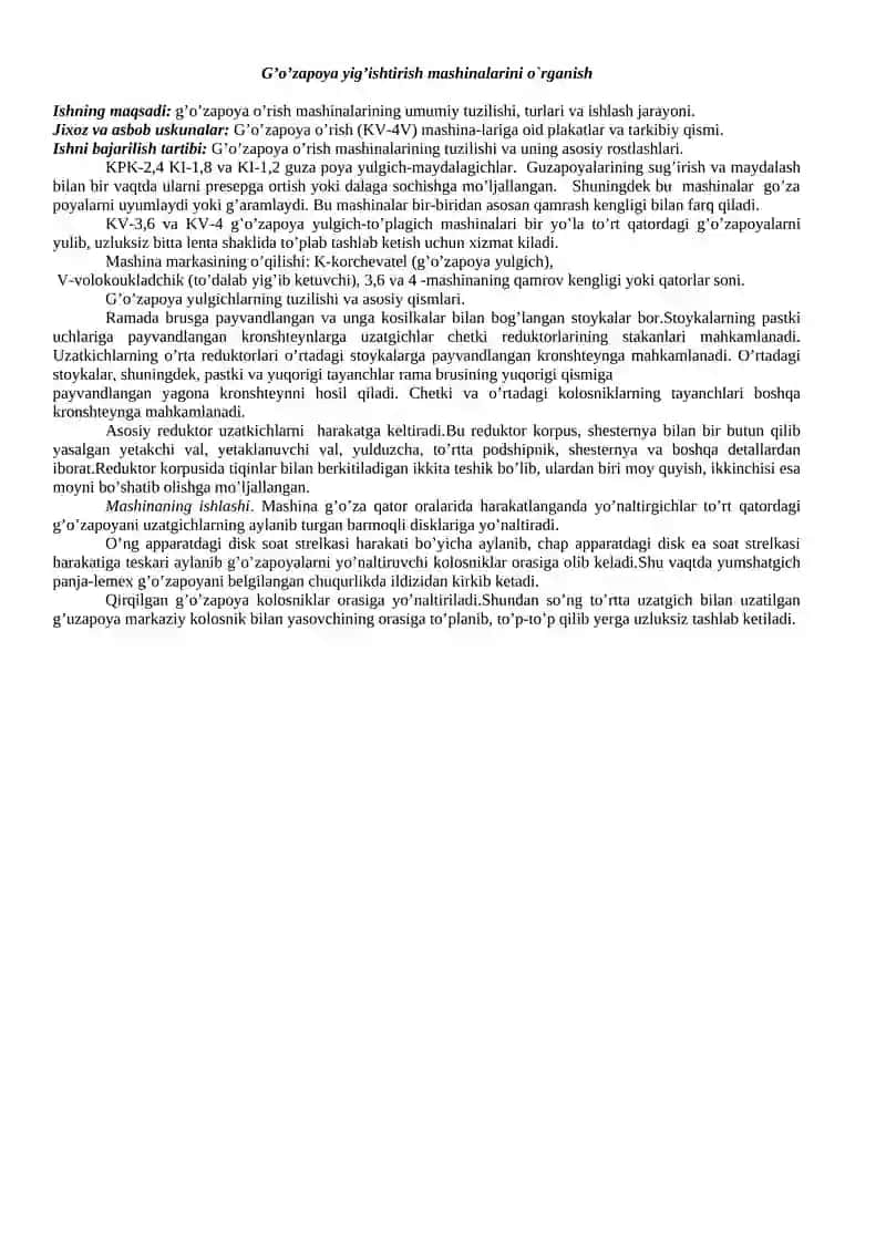G’o’zapoya yig’ishtirish mashinalarini o`rganish