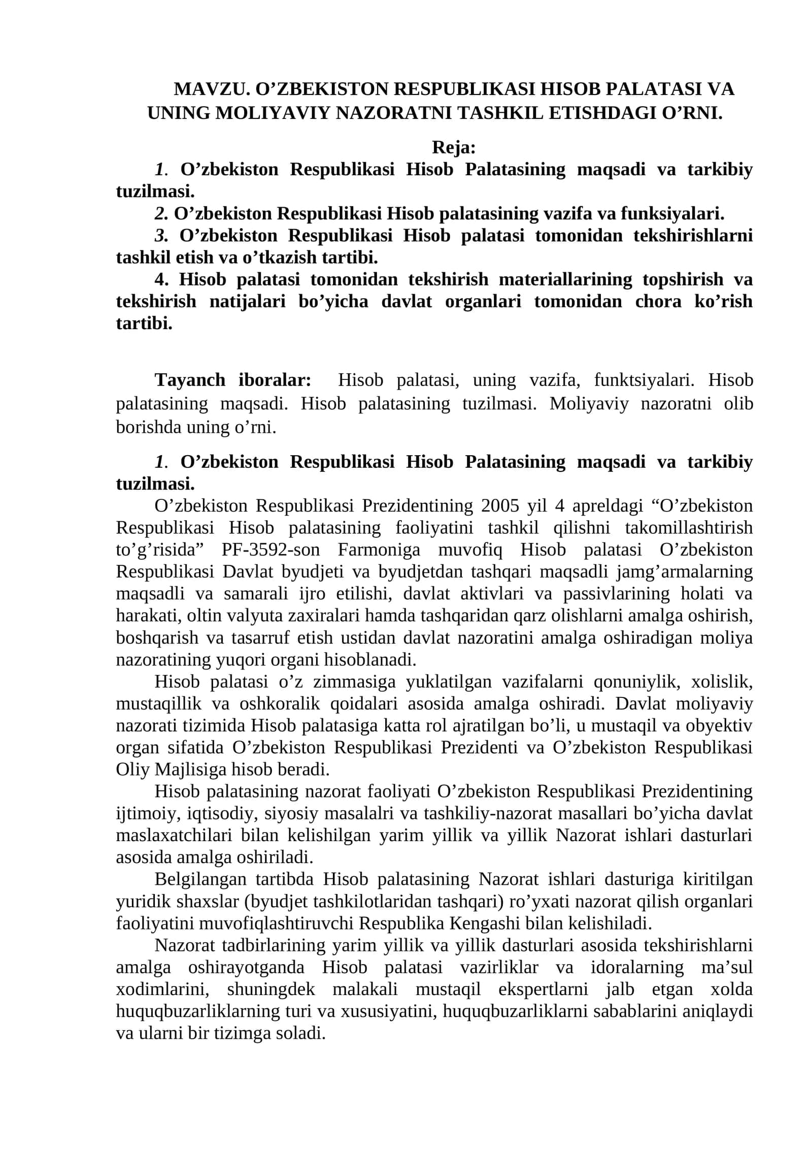 O’ZBEKISTON RESPUBLIKASI HISOB PALATASI VA UNING MOLIYAVIY NAZORATNI TASHKIL ETISHDAGI O’RNI 1