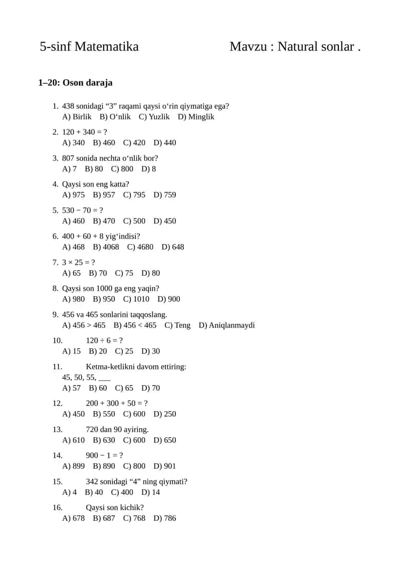 Matematika fanidan natural sonlar testi(5-sinf) 1