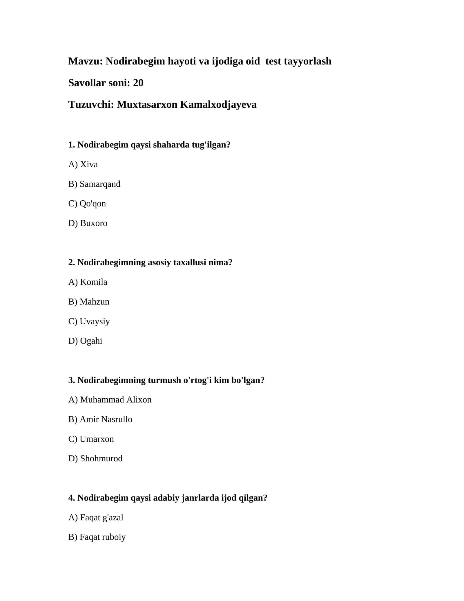 Nodirabegim hayoti va ijodiga oid test tayyorlash 1