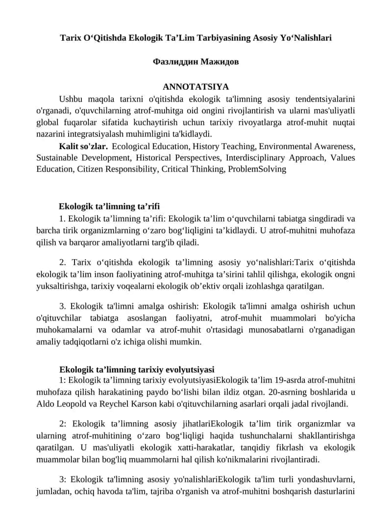 Tarix OʻQitishda Ekologik TaʼLim Tarbiyasining Asosiy YoʻNalishlari 1