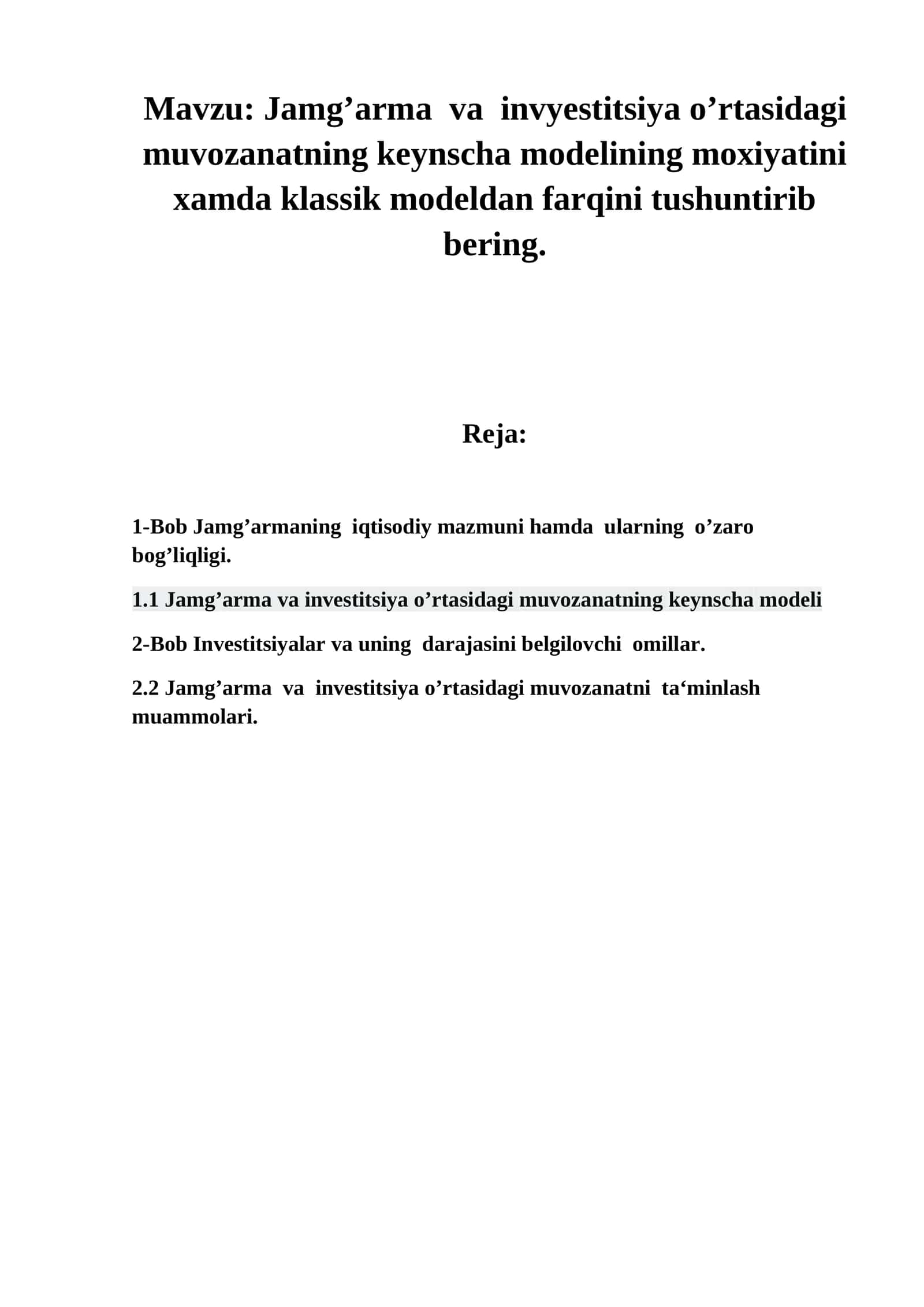 Jamg’arma va invyestitsiya o’rtasidagi muvozanatning keynscha modeli 1