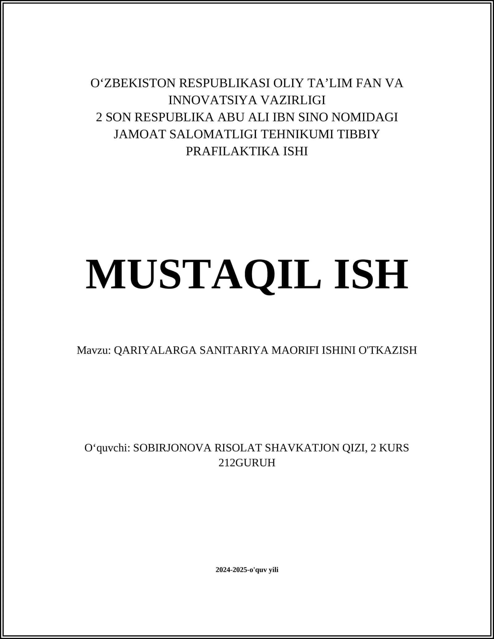 QARIYALARGA SANITARIYA MAORIFI ISHINI O'TKAZISH 1