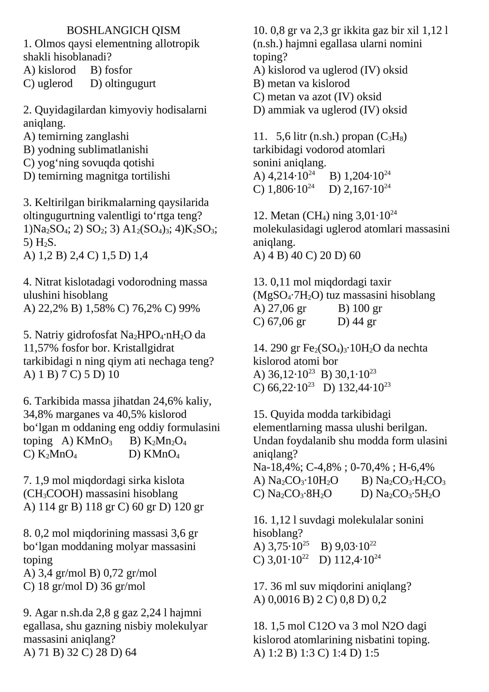 🧪 KIMYO FANIDAN 30 TALIK JAVOBLI TEST 1