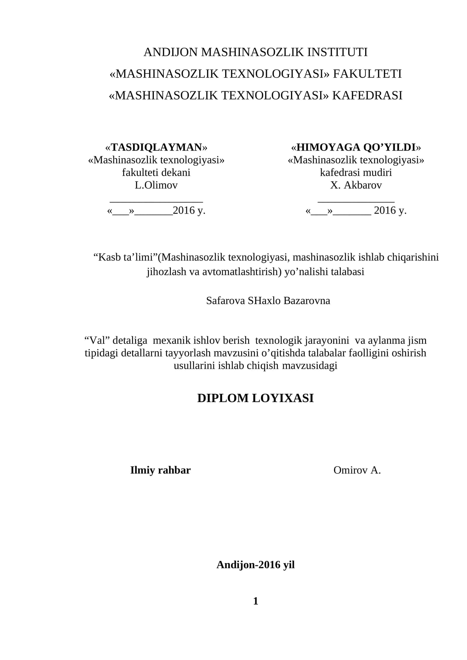 «Mashinasozlik texnologiyasi» 1