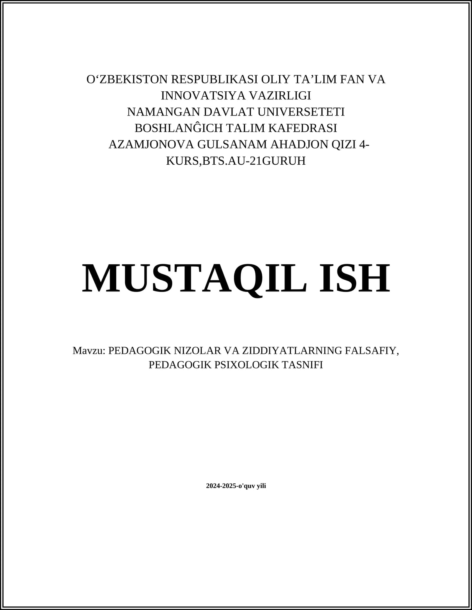 PEDAGOGIK NIZOLAR VA ZIDDIYATLARNING FALSAFIY, PEDAGOGIK PSIXOLOGIK TASNIFI 1