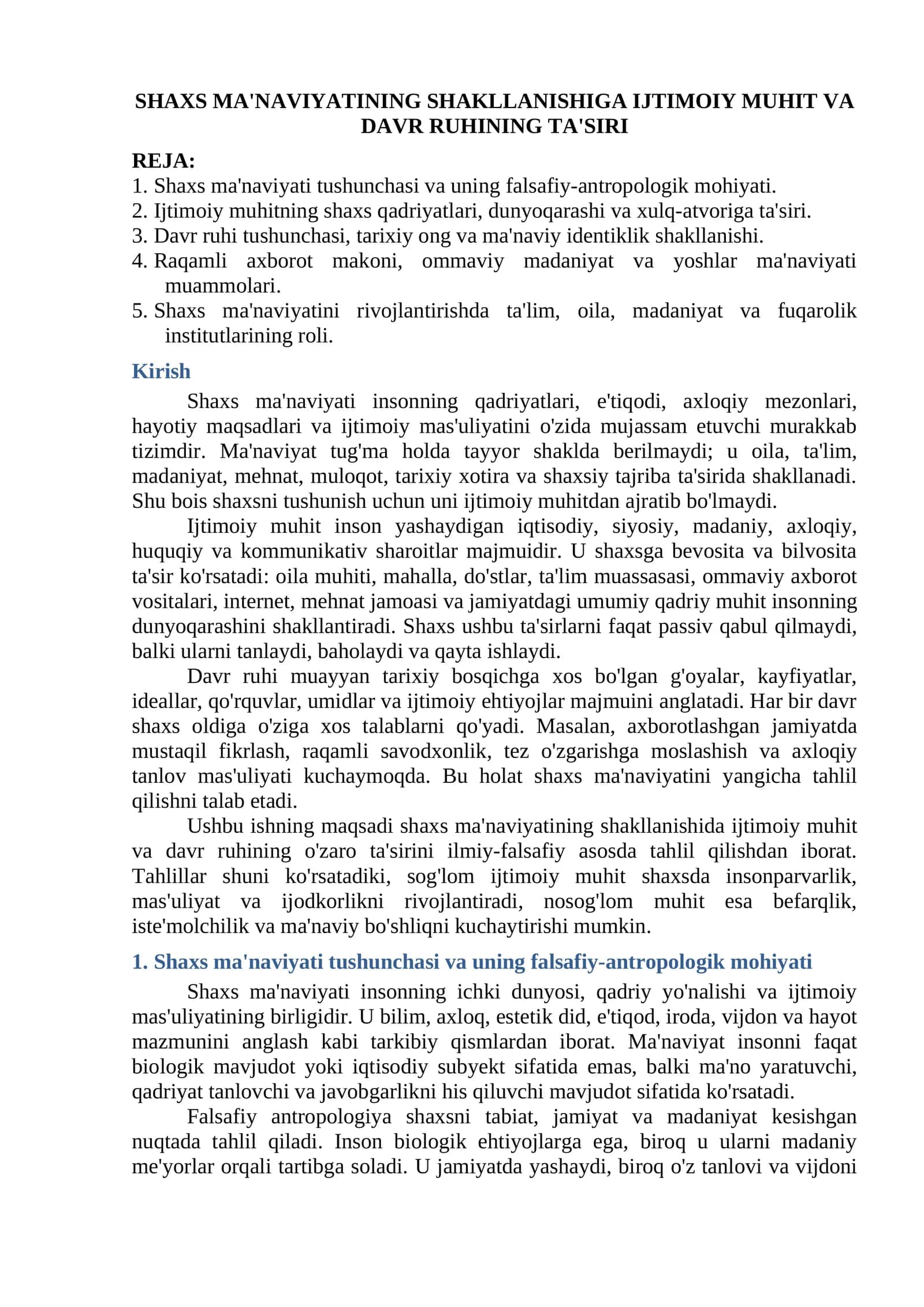 SHAXS MA'NAVIYATINING SHAKLLANISHIGA IJTIMOIY MUHIT VA DAVR RUHINING TA'SIRI 1
