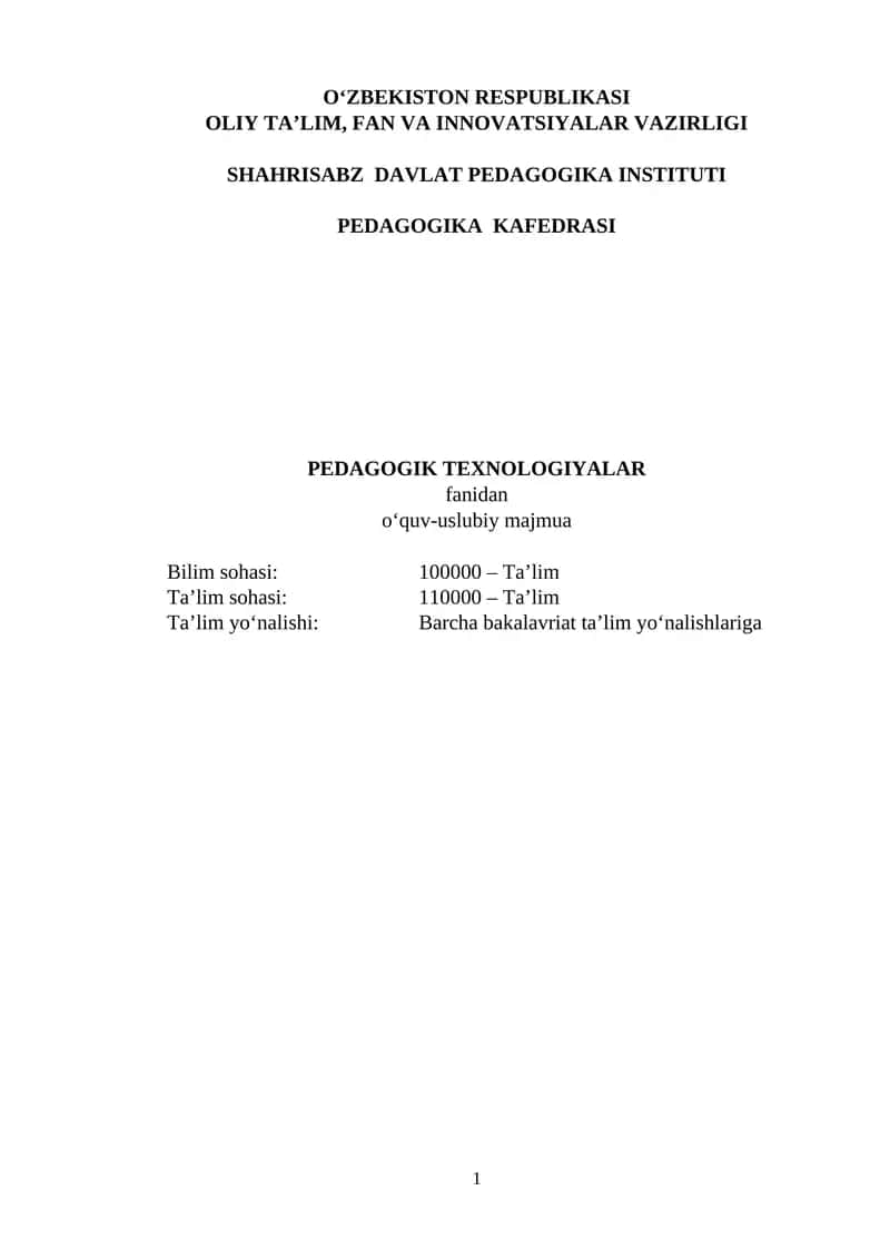 PEDAGOGIK TEXNOLOGIYALAR fanidan o‘quv-uslubiy majmua 1