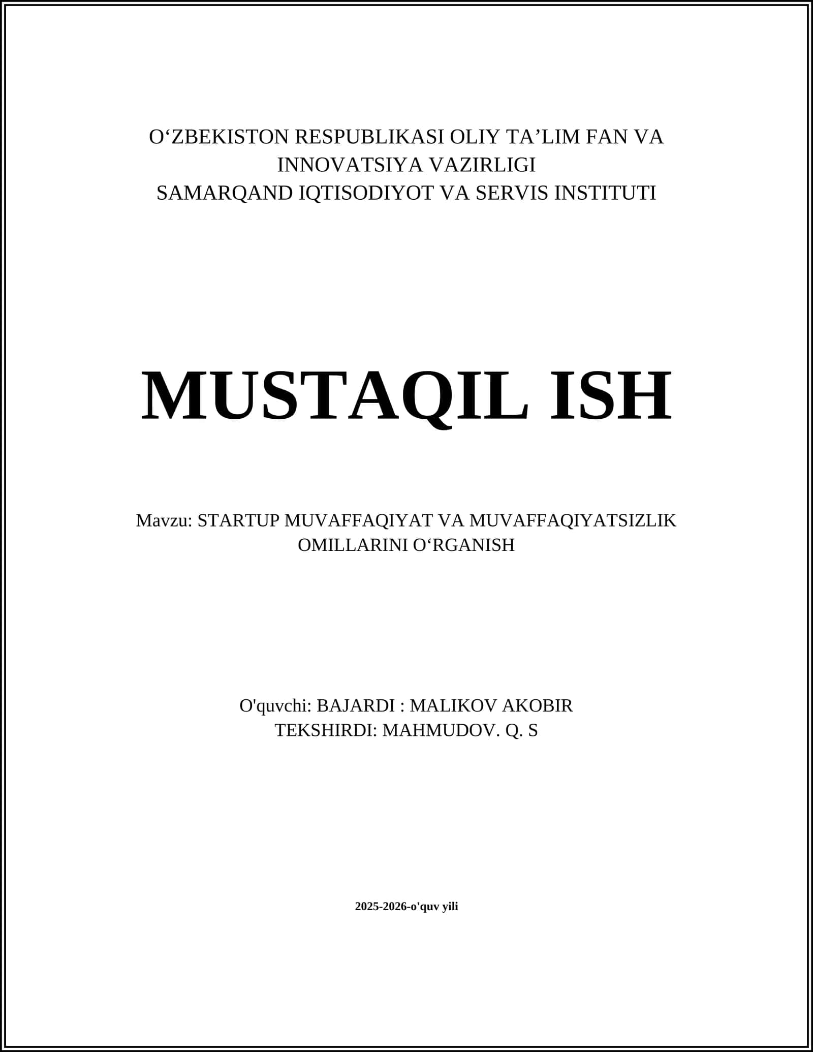 STARTUP MUVAFFAQIYAT VA MUVAFFAQIYATSIZLIK OMILLARINI O‘RGANISH 1