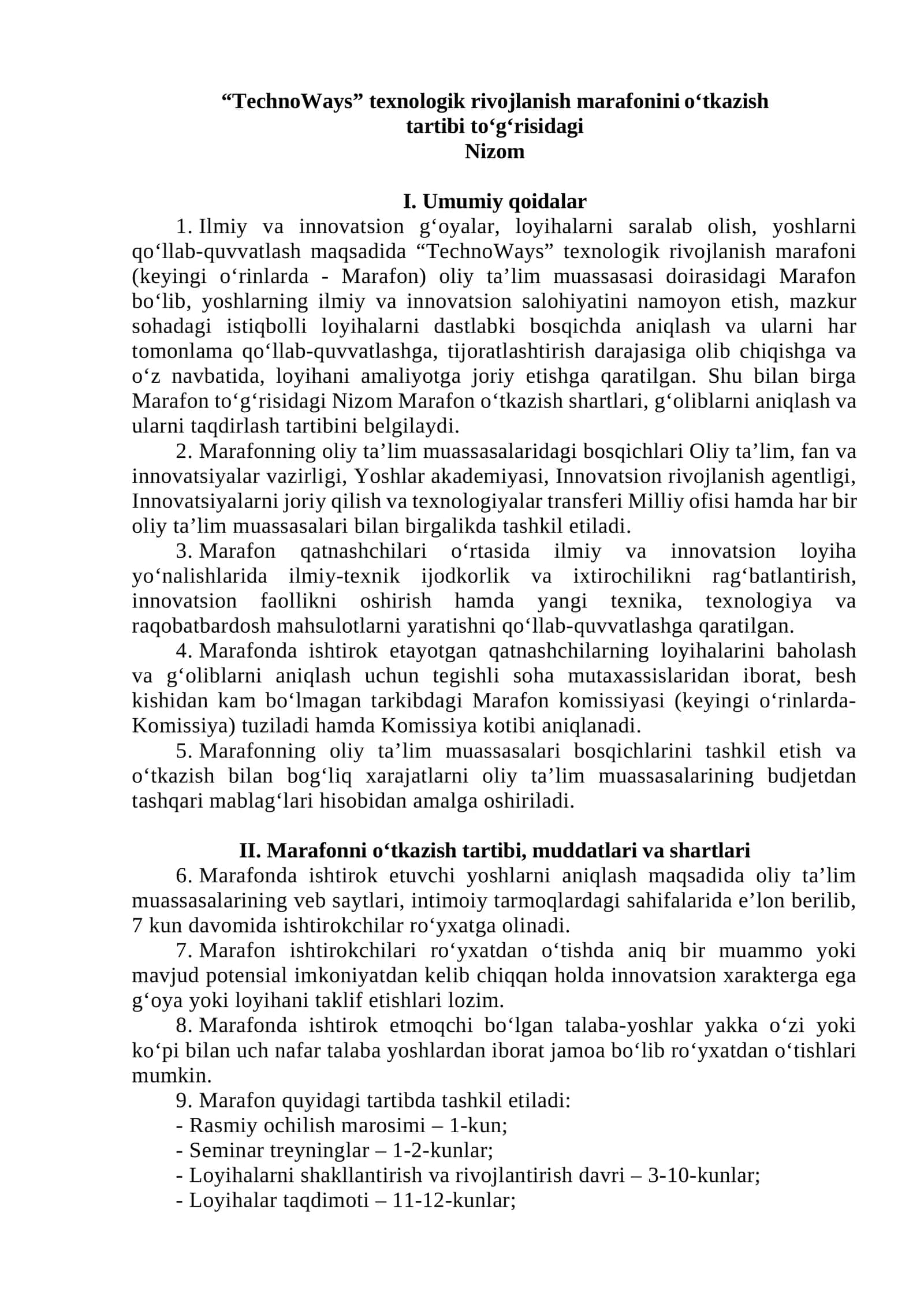 “TechnoWays” texnologik rivojlanish marafonini o‘tkazish tartibi to‘g‘risidagi Nizom 1