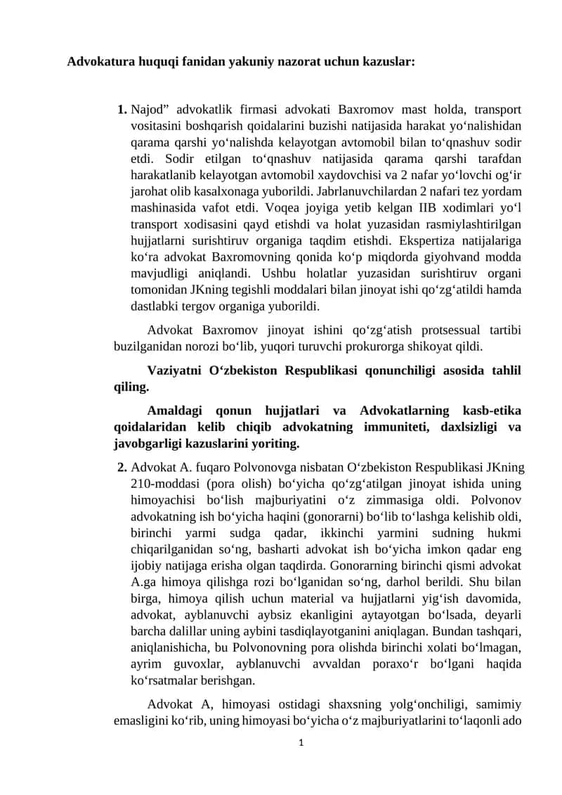 Advokatura huquqi fanidan yakuniy nazorat uchun kazuslar 1