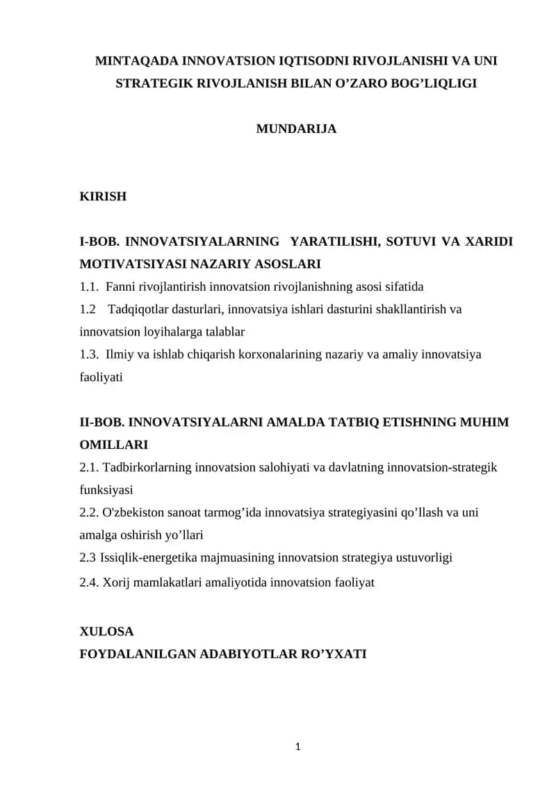 MINTAQADA INNOVATSION IQTISODNI RIVOJLANISHI VA UNI STRATEGIK RIVOJLANISH BILAN O’ZARO BOG’LIQLIGI 1