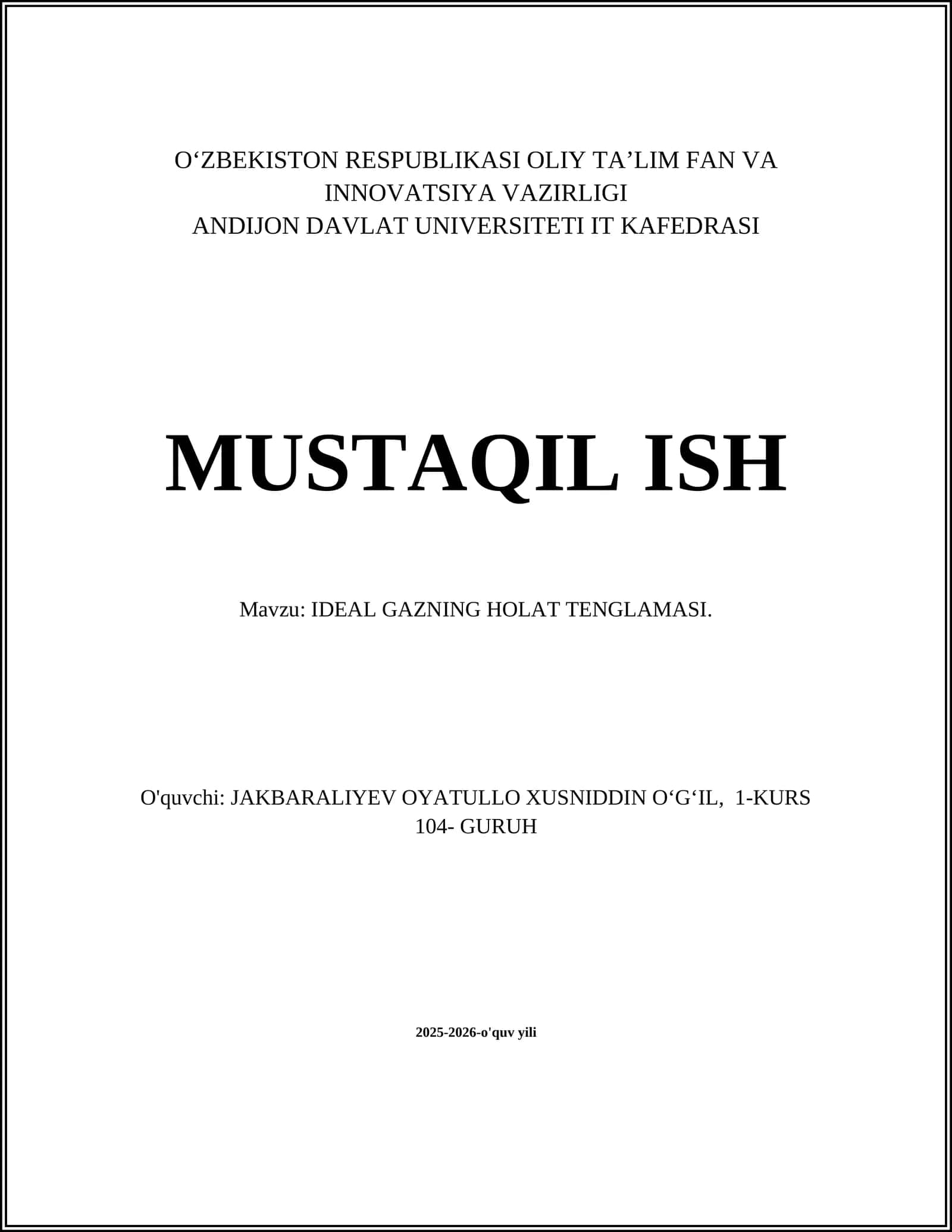 IDEAL GAZNING HOLAT TENGLAMASI 1