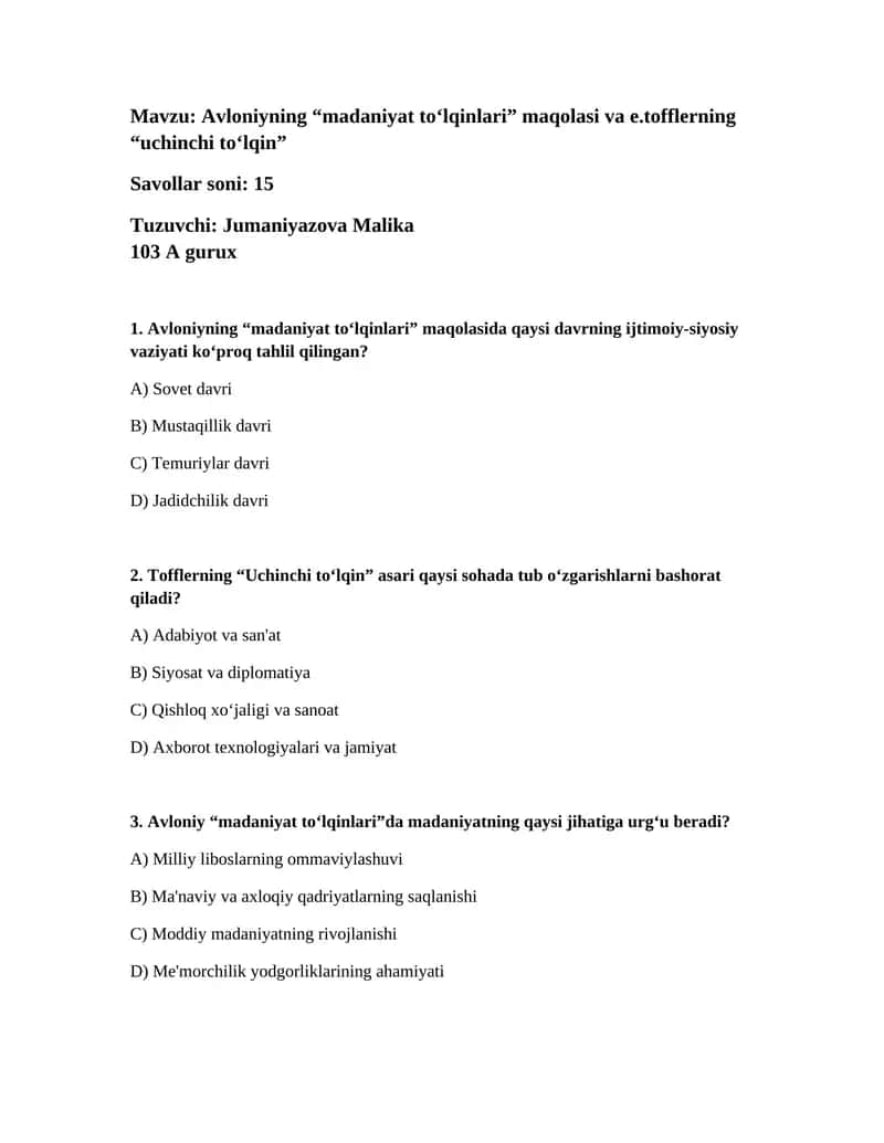 Avloniyning “madaniyat to‘lqinlari” maqolasi va e.tofflerning “uchinchi to‘lqin” 1