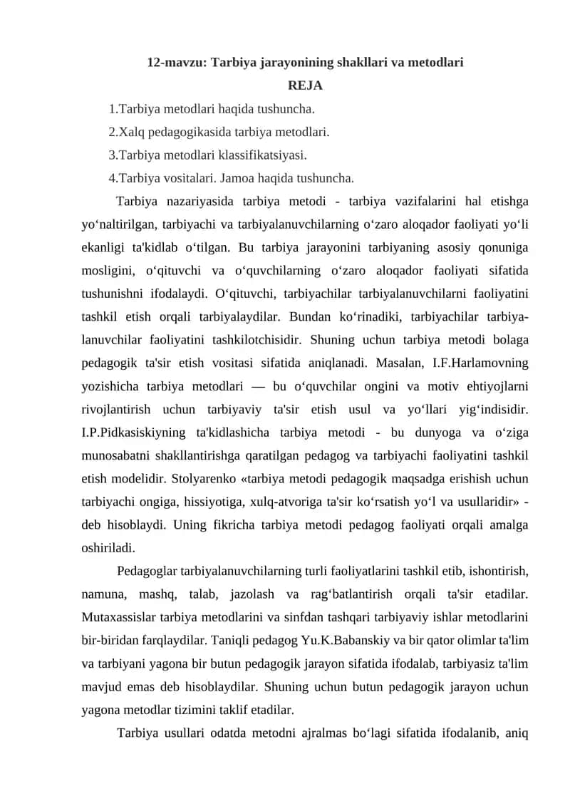 Tarbiya jarayonining shakllari va metodlari 1