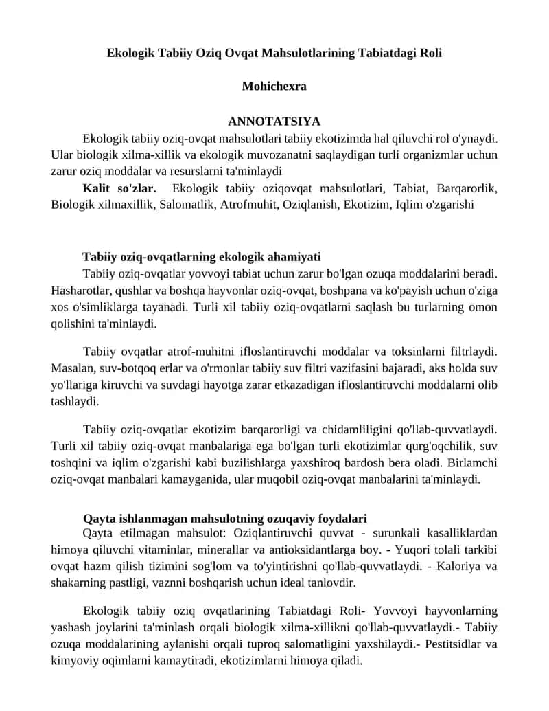Ekologik Tabiiy Oziq Ovqat Mahsulotlarining Tabiatdagi Roli 1