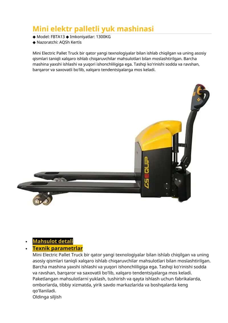 Mini elektr palletli yuk mashinasi 1