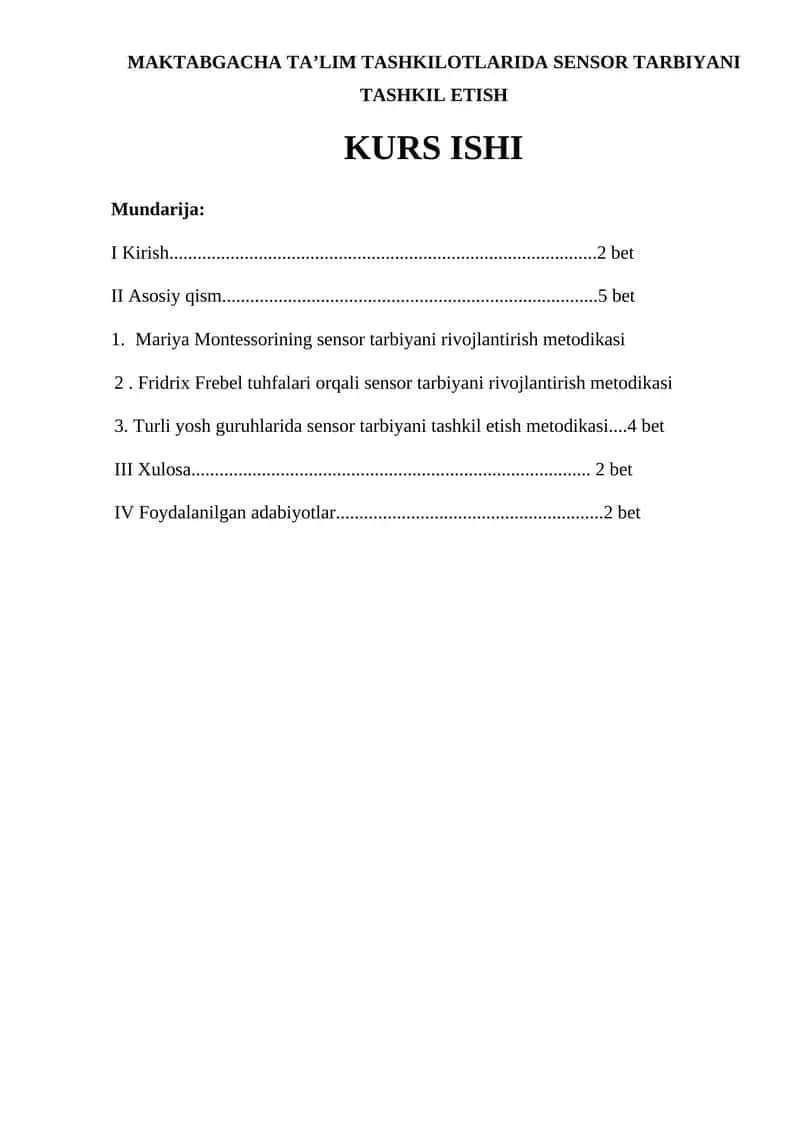 Sensor Tarbiyani Tashkil Etish Kurs Ishi 1