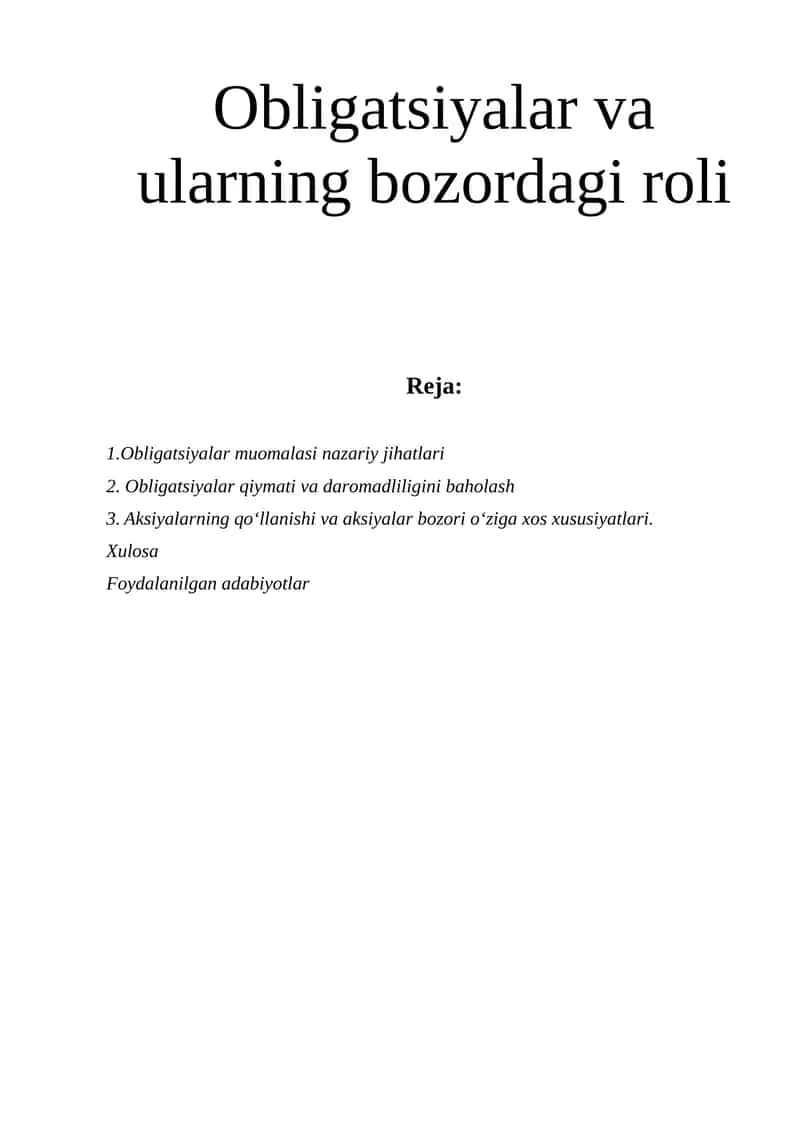 Obligatsiyalar va ularning bozordagi roli 1
