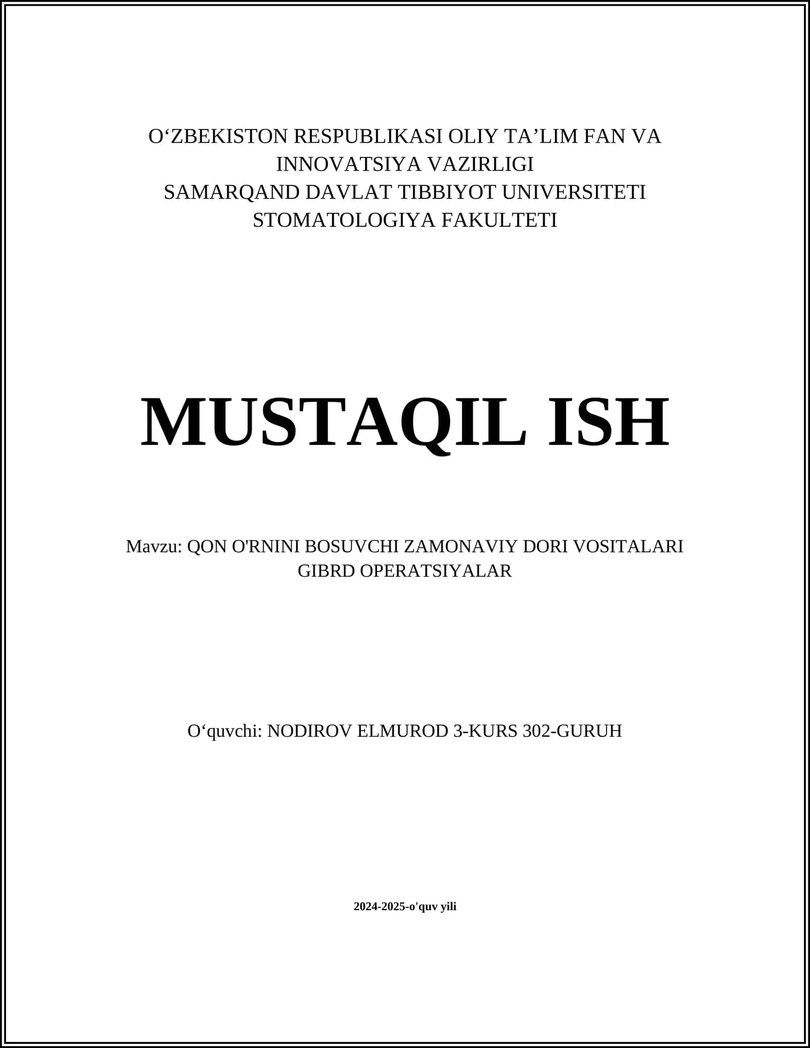 QON O'RNINI BOSUVCHI ZAMONAVIY DORI VOSITALARI GIBRD OPERATSIYALAR 1