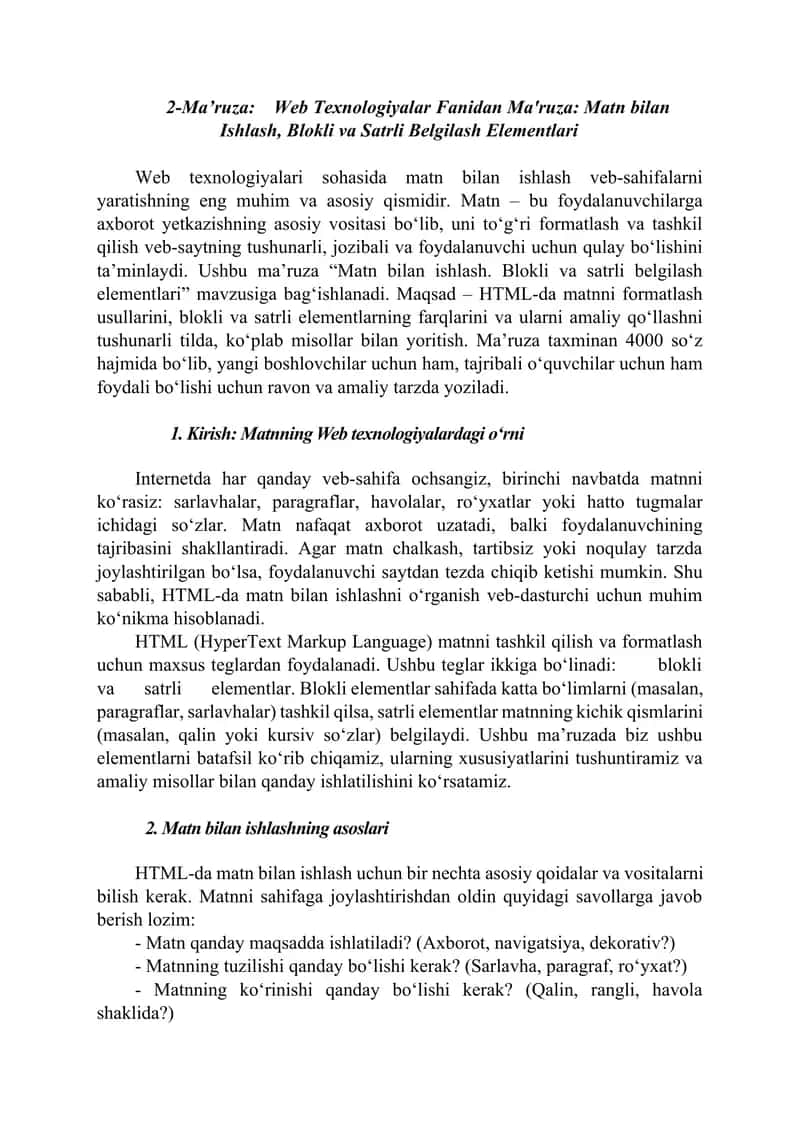 Web Texnologiyalar Fanidan Ma'ruza: Matn bilan Ishlash, Blokli va Satrli Belgilash Elementlari 1