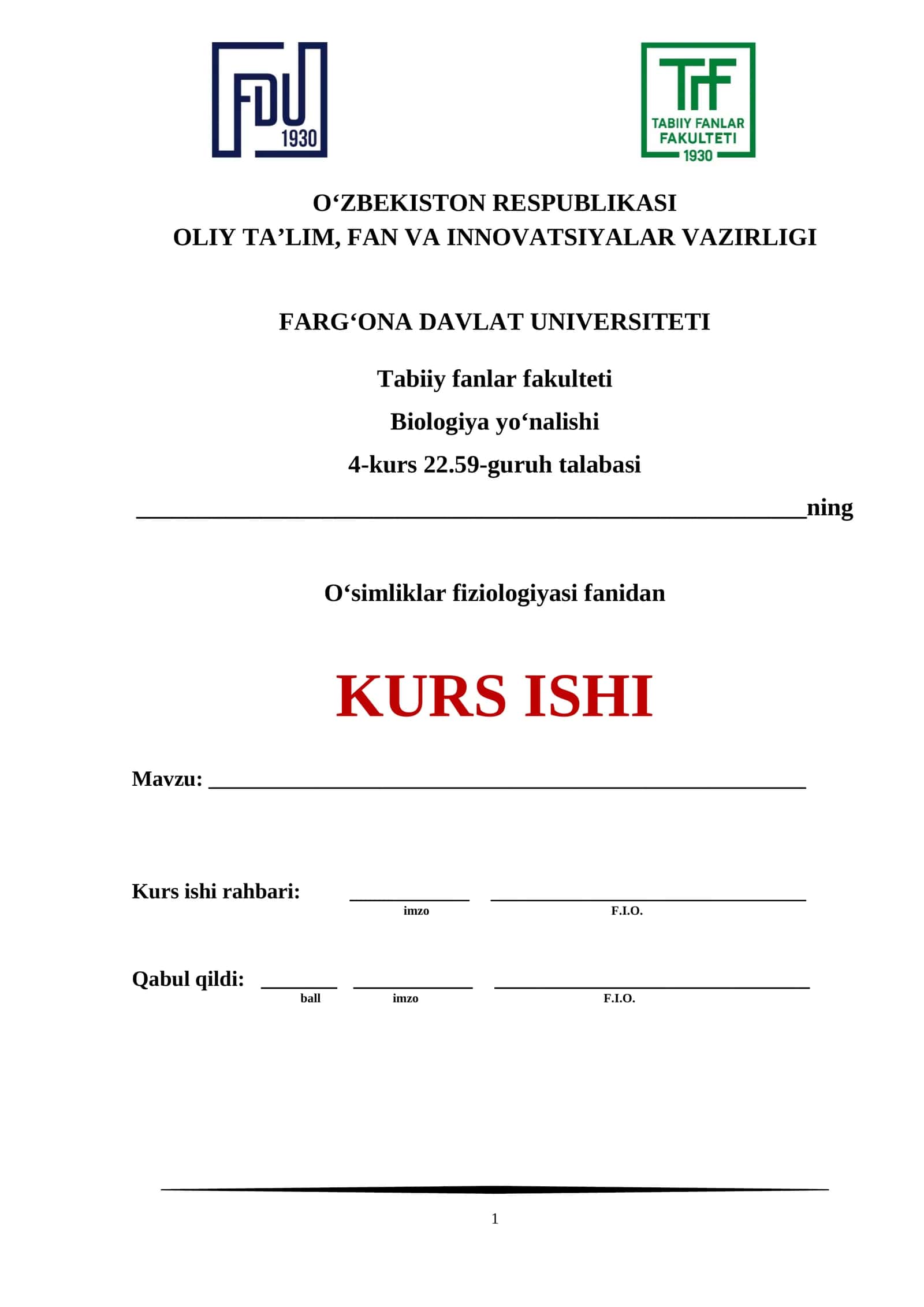 O‘simliklar fiziologiyasi fanidan KURS ISHI 1