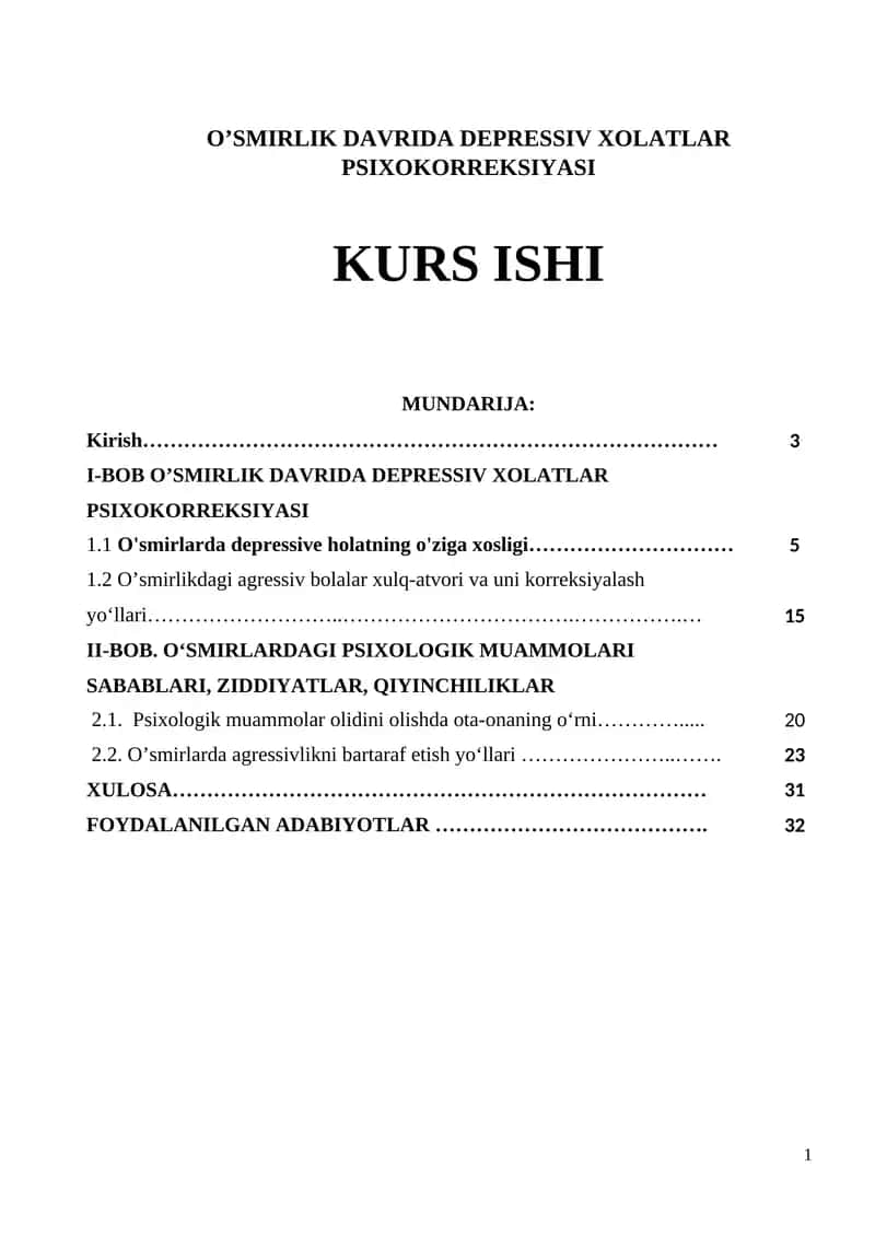 O’SMIRLIK DAVRIDA DEPRESSIV XOLATLAR PSIXOKORREKSIYASI KURS ISHI 1