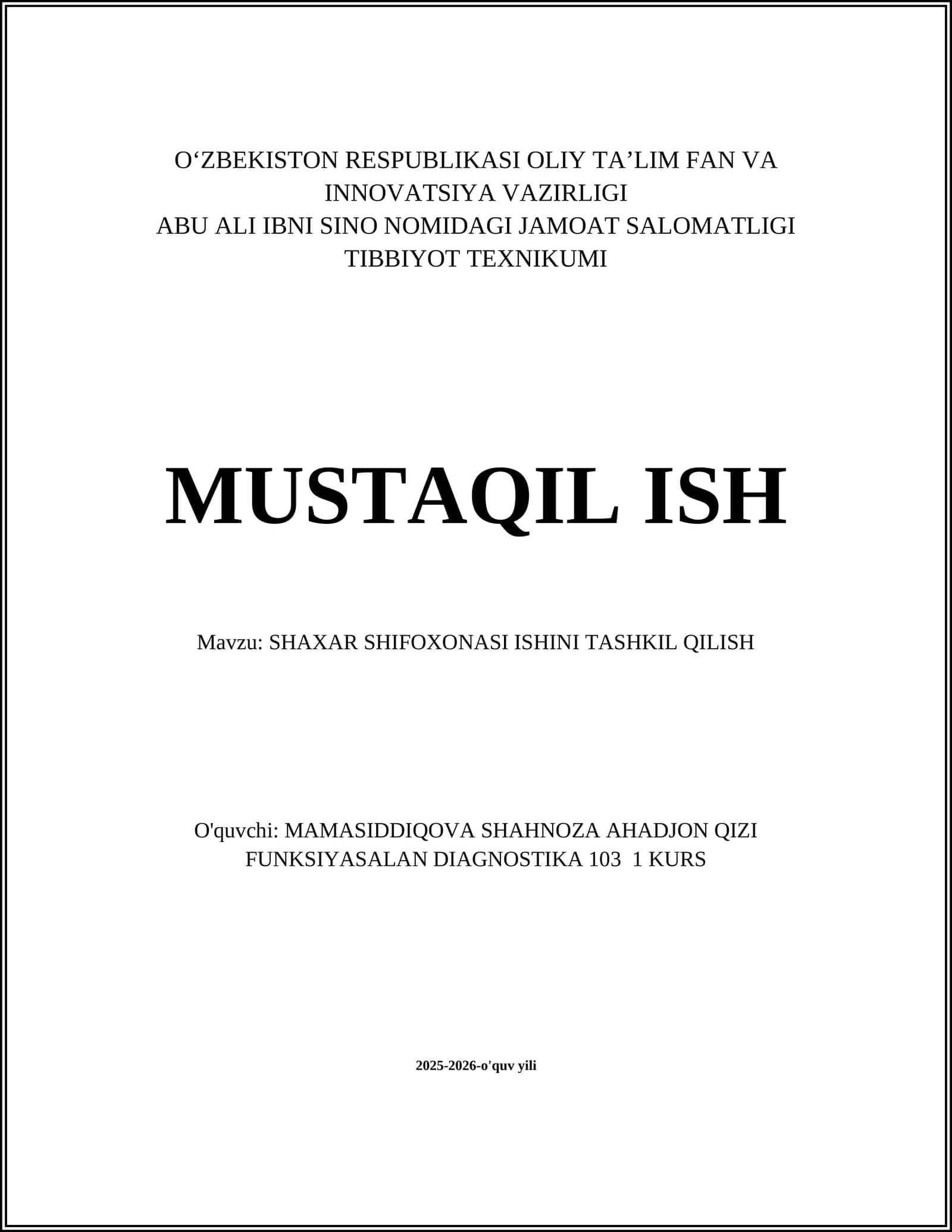 SHAXAR SHIFOXONASI ISHINI TASHKIL QILISH 1