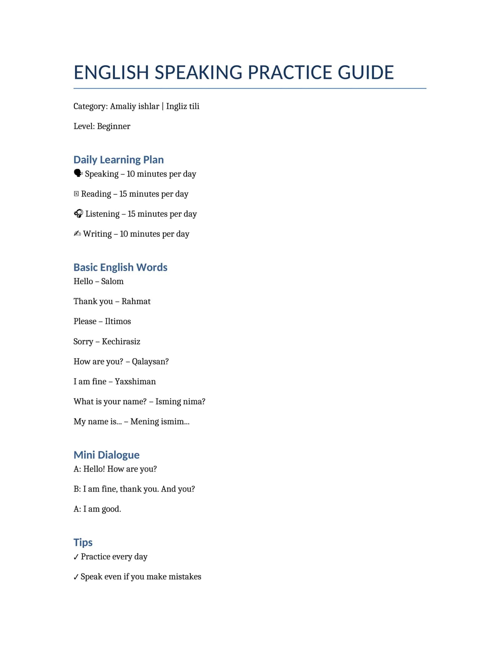 ENGLISH SPEAKING PRACTICE GUIDE 1