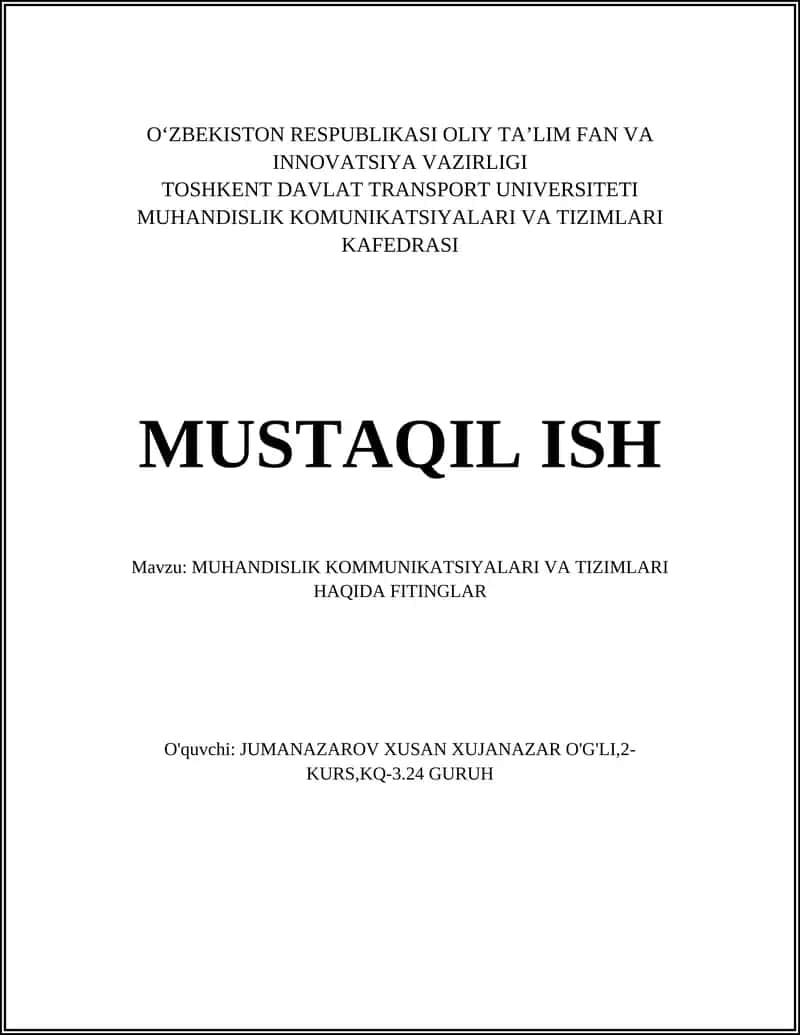 MUHANDISLIK KOMMUNIKATSIYALARI VA TIZIMLARI HAQIDA FITINGLAR 1