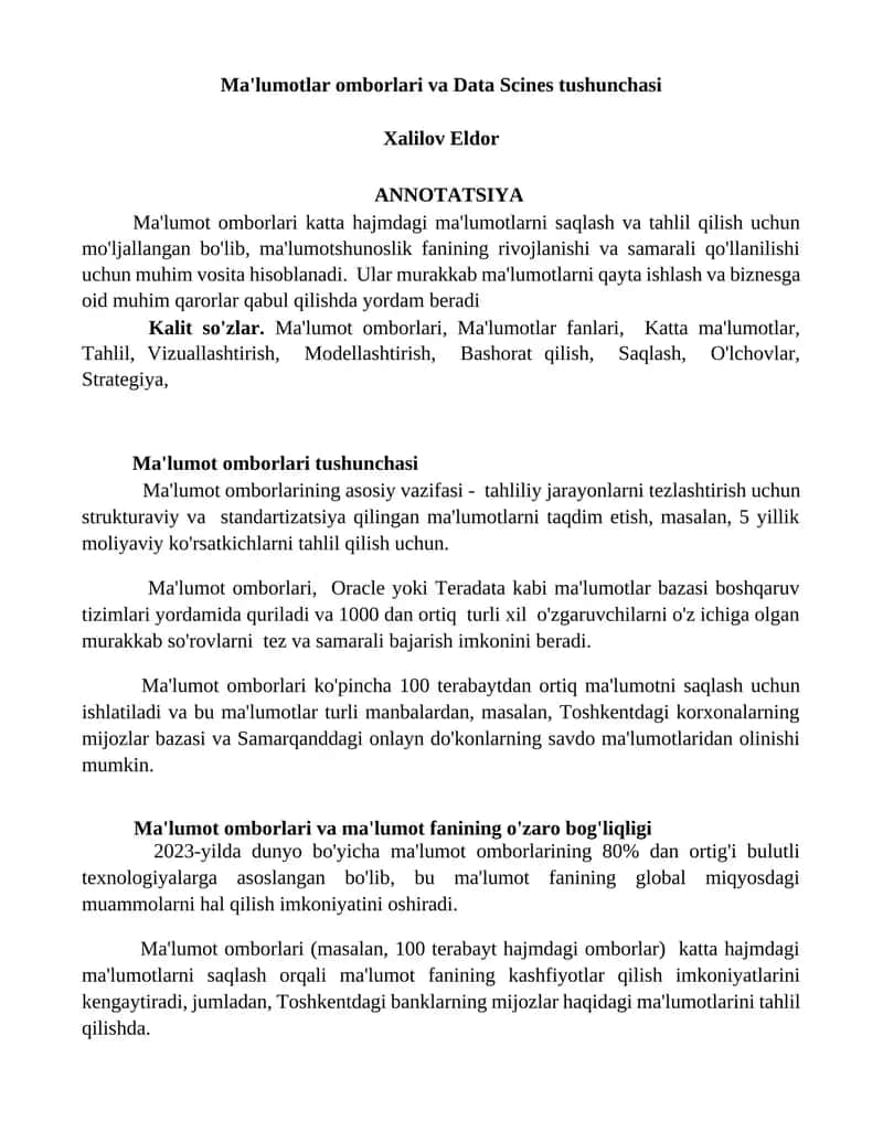 Ma'lumotlar omborlari va Data Scines tushunchasi 1