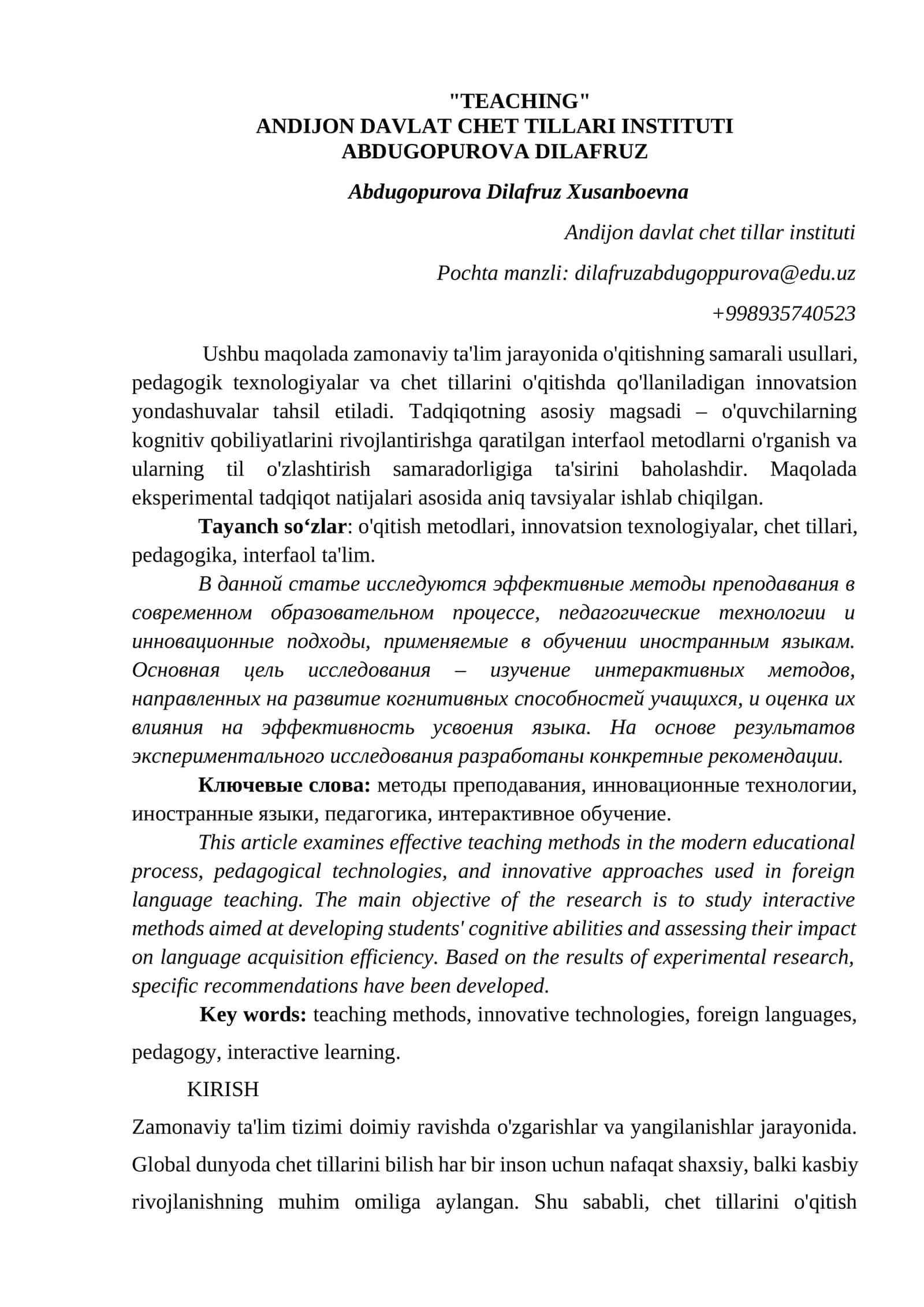 "Effektiv o'qitish usullari va innovatsion texnologiyalar" 1
