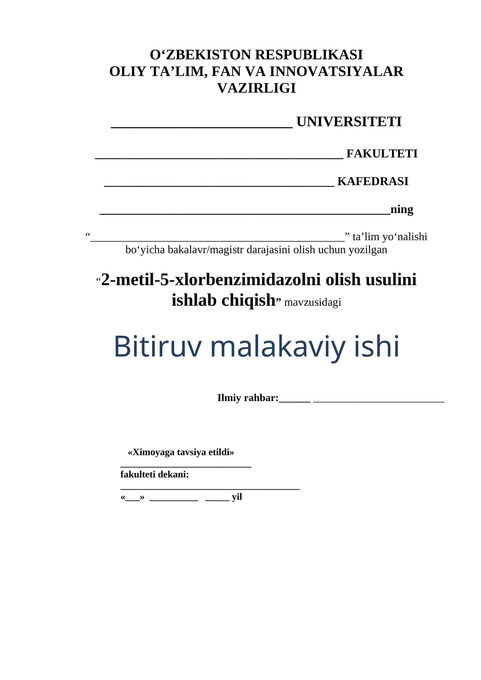 2-metil-5-xlorbenzimidazolni olish usulini ishlab chiqish 1