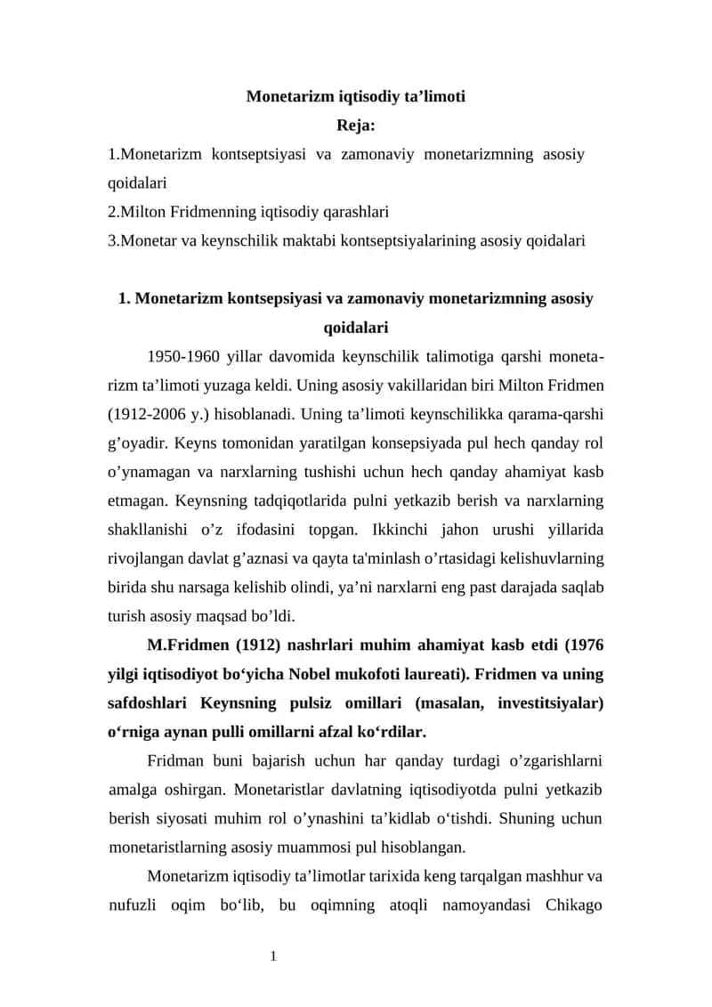 Monetarizm iqtisodiy ta’limoti 1