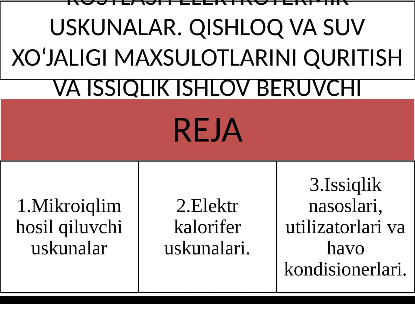 QISHLOQ VA SUV XO‘JALIGI MAXSULOTLARINI QURITISH VA ISSIQLIK ISHLOV BERUVCHI ELEKTROTERMIK USKUNALAR 1