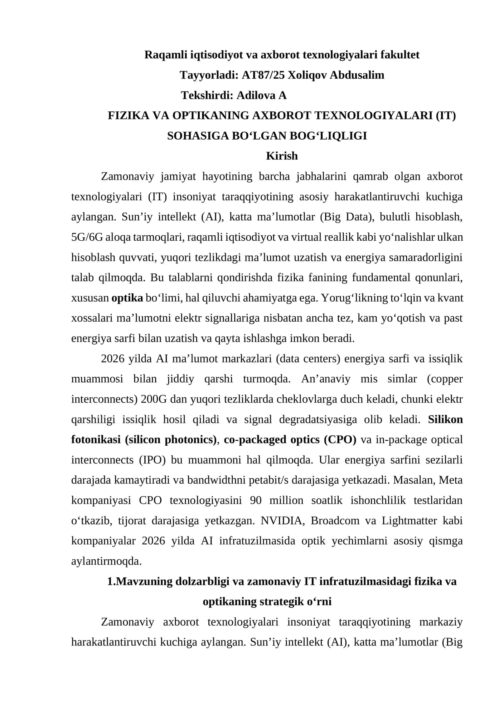 FIZIKA VA OPTIKANING AXBOROT TEXNOLOGIYALARI (IT) SOHASIGA BO‘LGAN BOG‘LIQLIGI 1