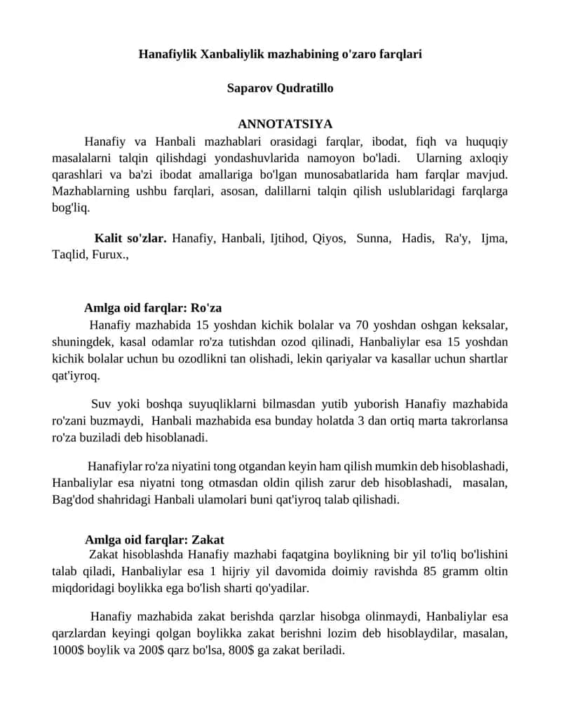 Hanafiylik Xanbaliylik mazhabining o'zaro farqlari 1