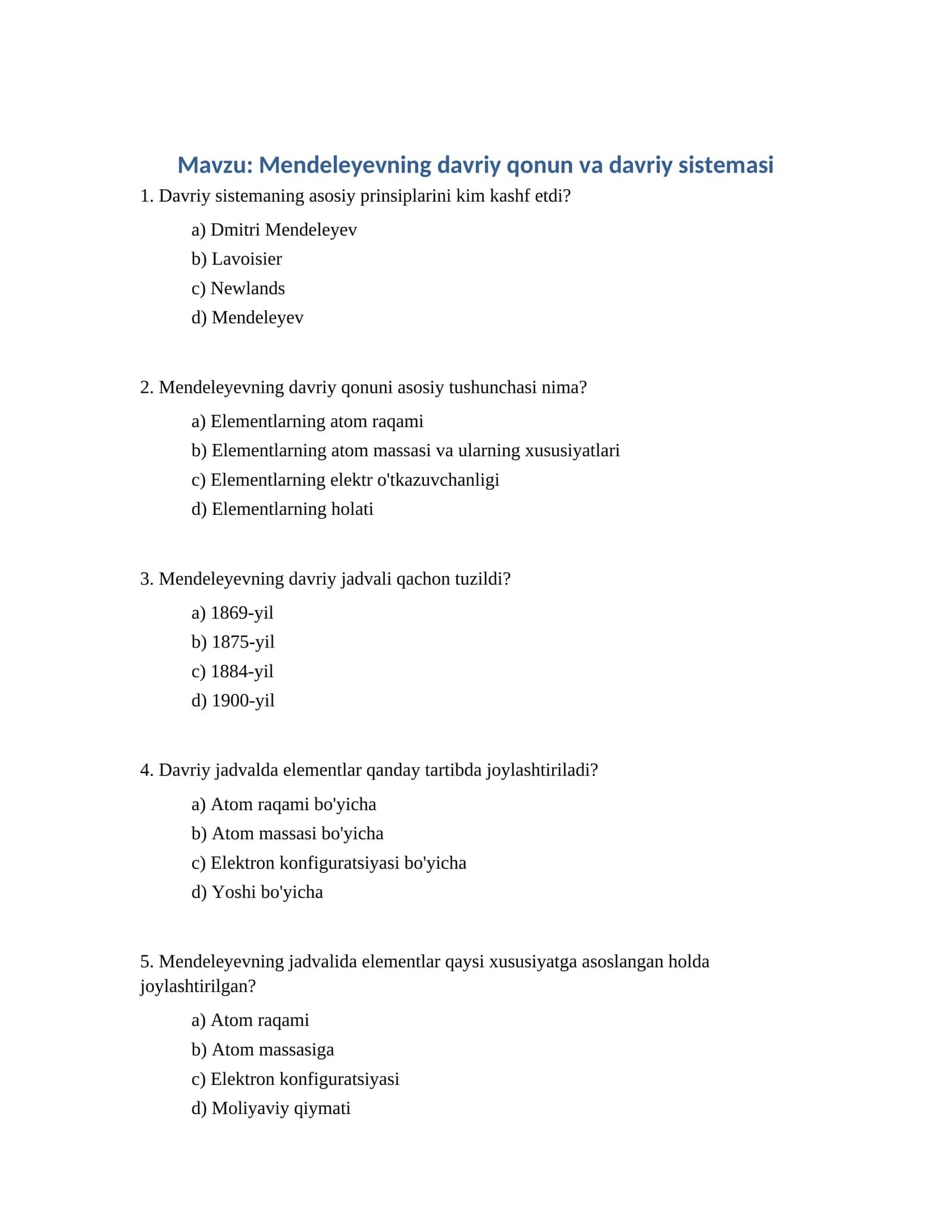 Mendeleyevning davriy qonun va davriy sistemasi 1
