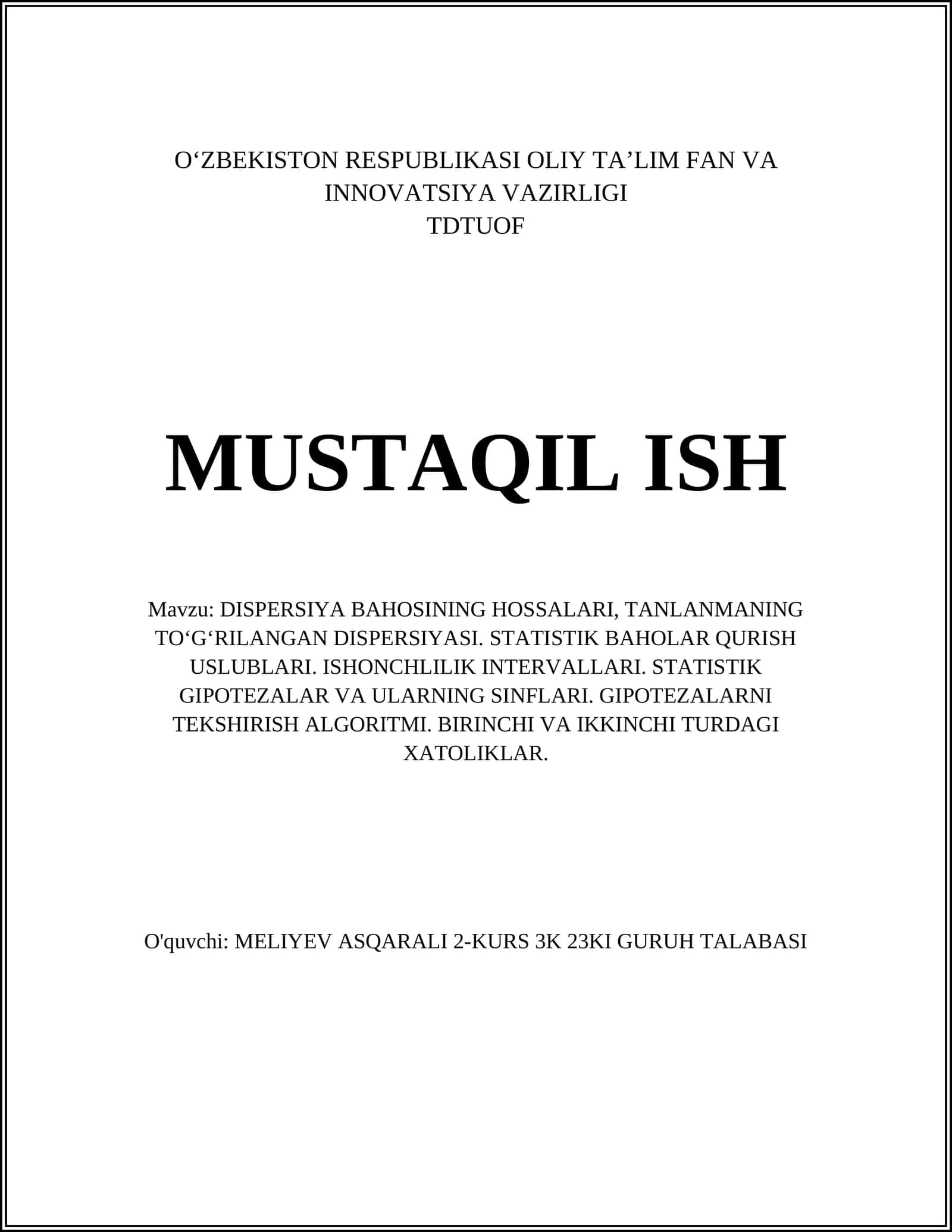 DISPERSIYA BAHOSINING HOSSALARI, TANLANMANING TOʻGʻRILANGAN DISPERSIYASI 1