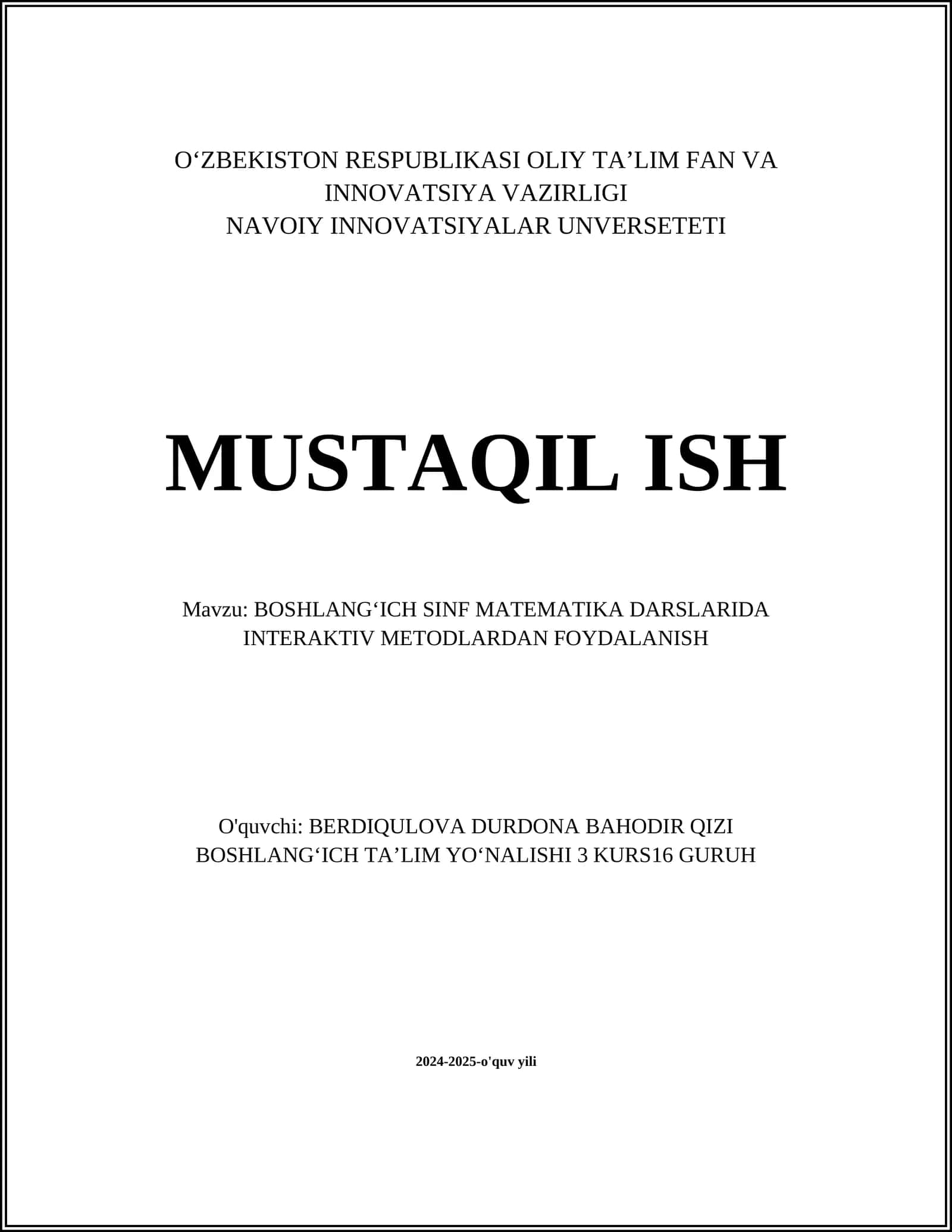 BOSHLANGʻICH SINF MATEMATIKA DARSLARIDA INTERAKTIV METODLARDAN FOYDALANISH 1