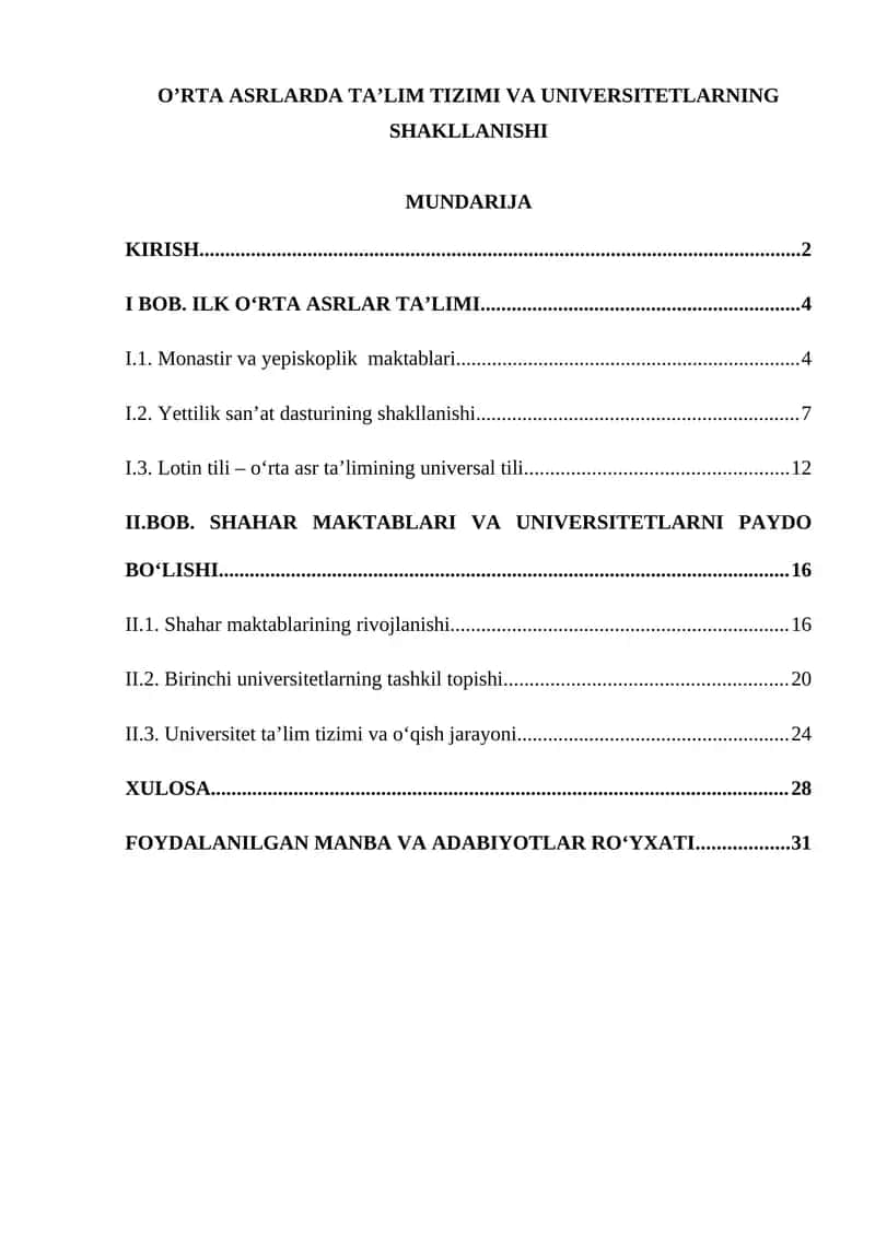 Oʻrta asrlarda taʼlim tizimi va Universitetlarning shakillanishi. 1