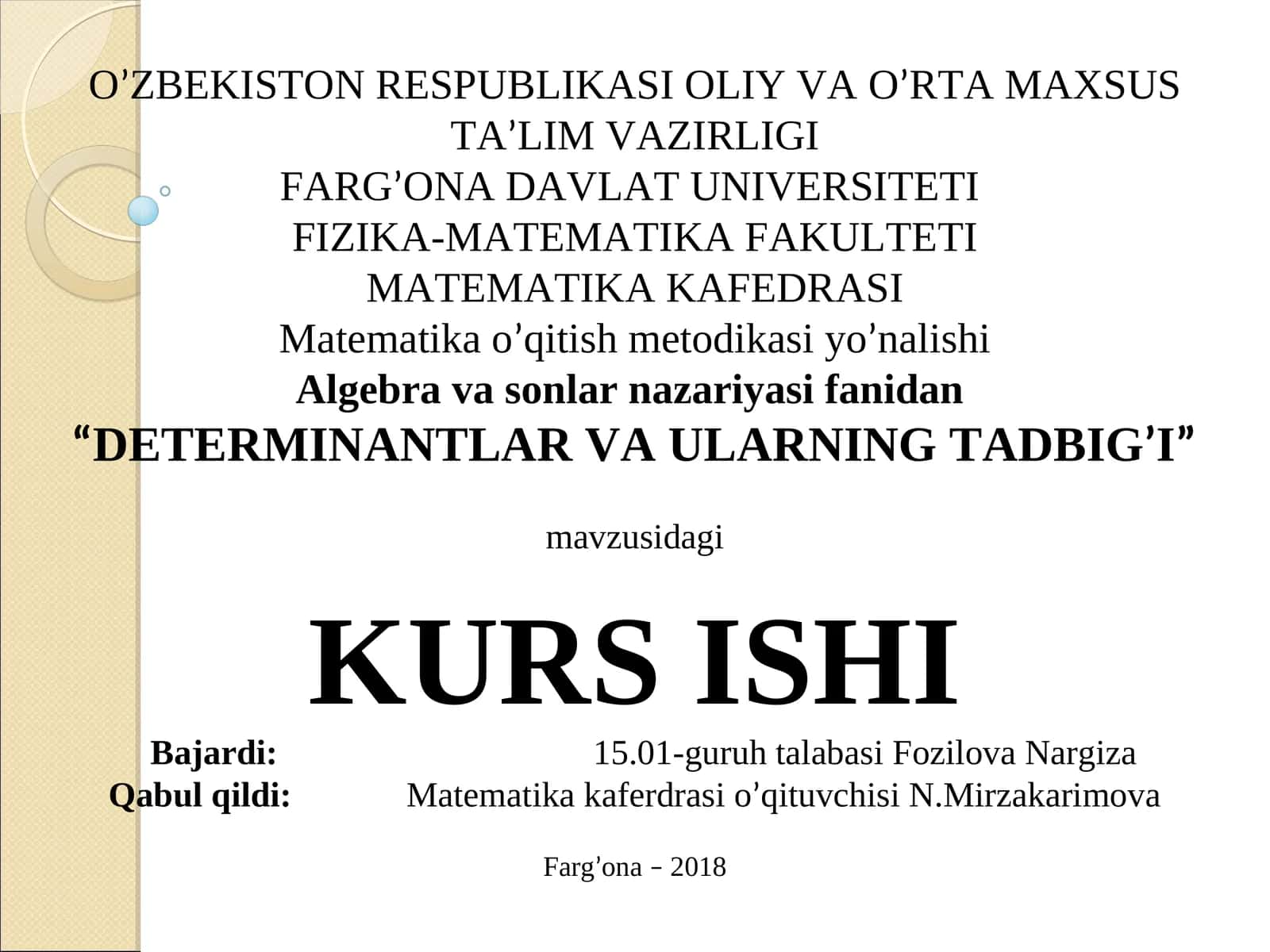 DETERMINANTLAR VA ULARNING TADBIG'I 1