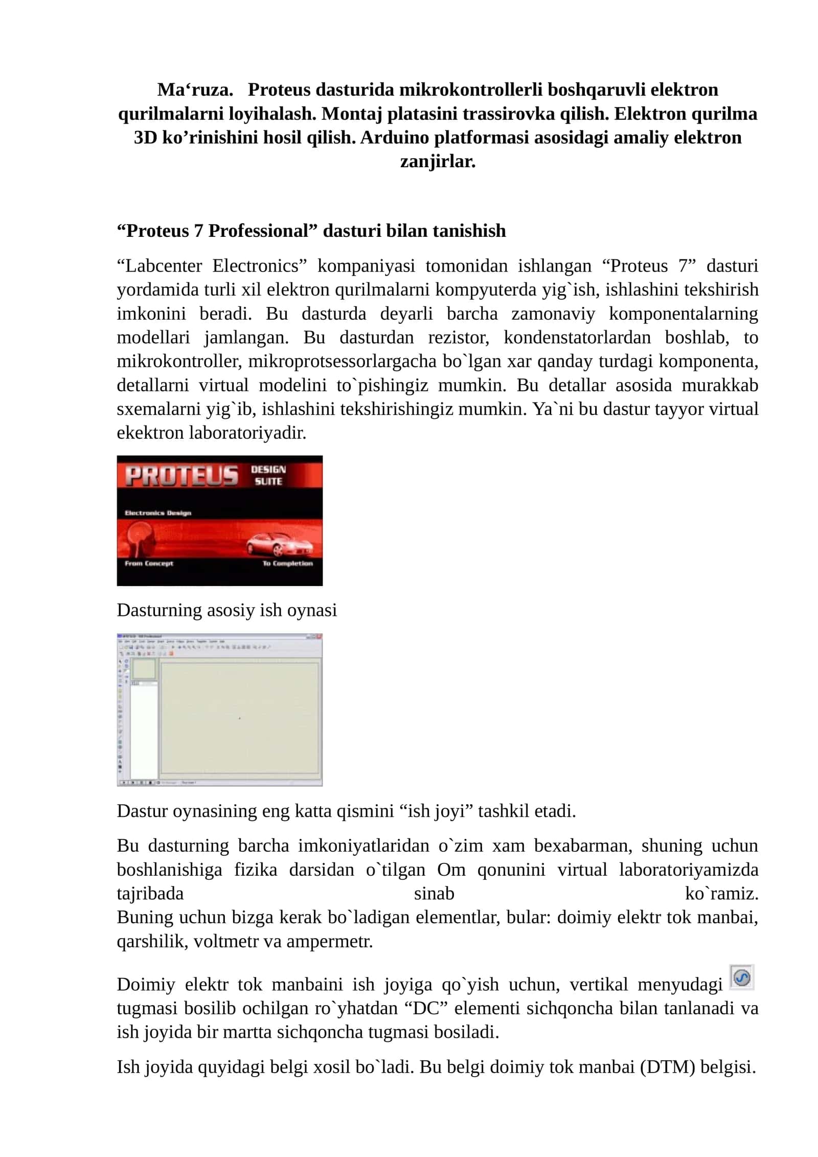Proteus dasturida mikrokontrollerli boshqaruvli elektron qurilmalarni loyihalash 1
